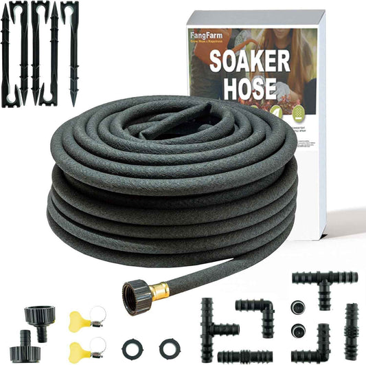 50FT Soaker Hose for Garden - 1/2" Diameter Heavy Duty Rubber Drip Irrigation Kit - Save 70% Water for Lawn/Flower Beds/Vegetable/Shrubs/Hedges