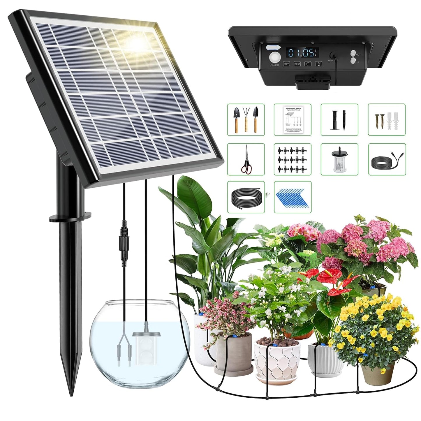 49FT Solar Drip Irrigation Kit with Digital Screen, Auto Watering Kit for 15 Pots, Solar-Powered Plant Watering,434 Timer Modes, 900ml/min Flow Indoor/Outdoor Garden, Balcony & Patio Irrigation System