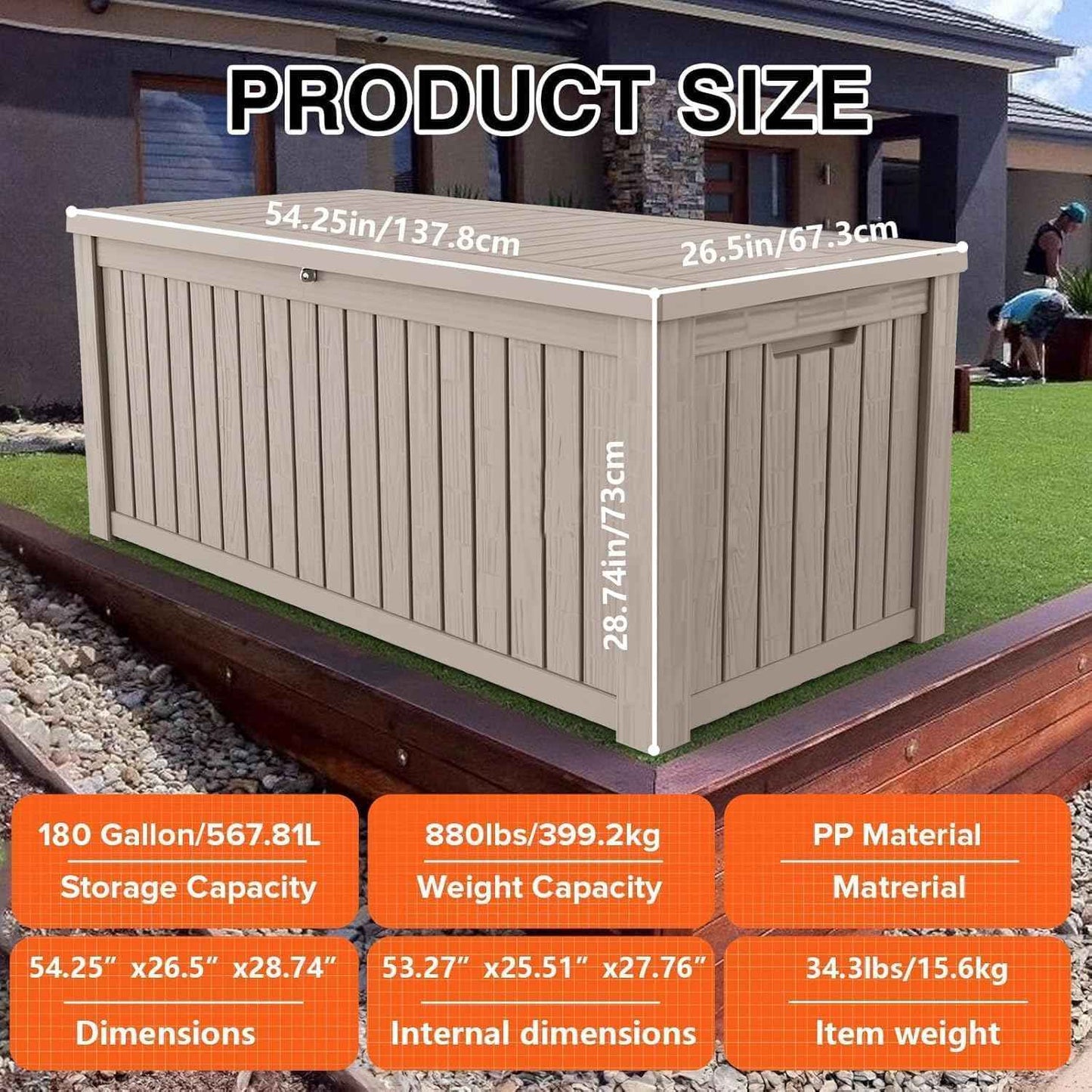 180 Gallon Outdoor Storage Box, Large Storage Deck Box for Patio Furniture Accessories, Garden Tools, Indoor Storage for Cushion, Grey
