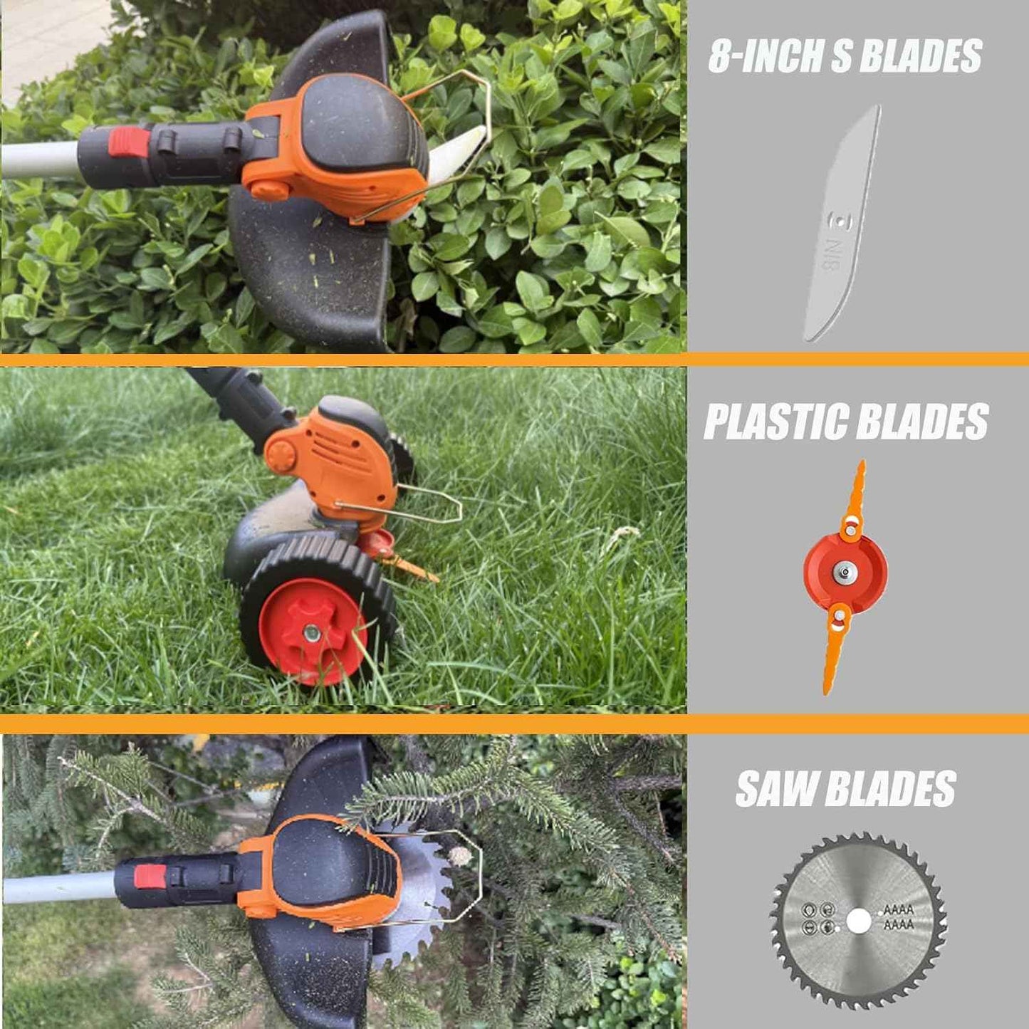 Electric Weed Wacker Cordless Battery Powered, Weed Cordless Eater with 2X 21V/4.0Ah Battery Operated & Wheels 3 Types Blades, 3 in 1 Stringless Grass Trimmer/Edger/Brush Cutter for Garden Yard Lawn