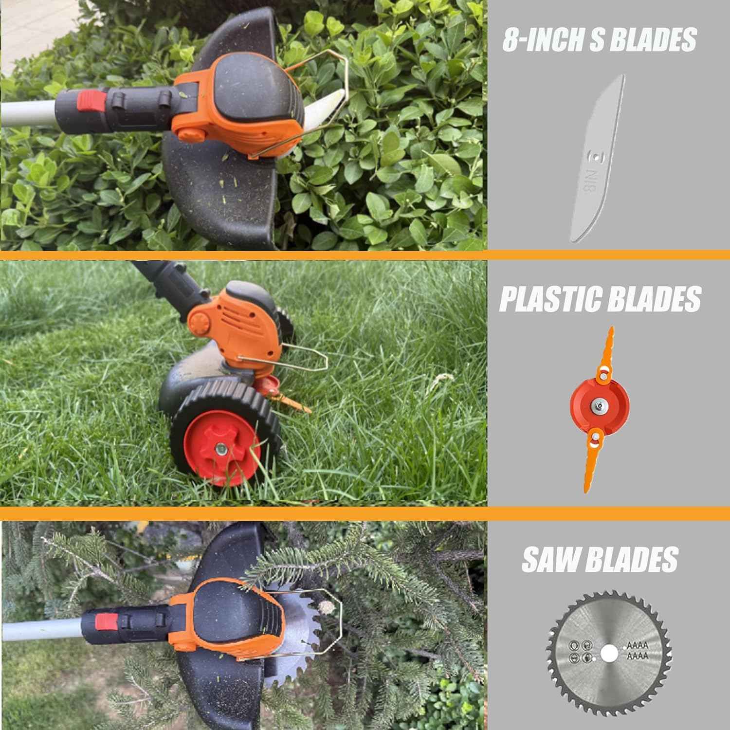 Electric Weed Wacker Cordless Battery Powered, Weed Cordless Eater with 2X 21V/4.0Ah Battery Operated & Wheels 3 Types Blades, 3 in 1 Stringless Grass Trimmer/Edger/Brush Cutter for Garden Yard Lawn