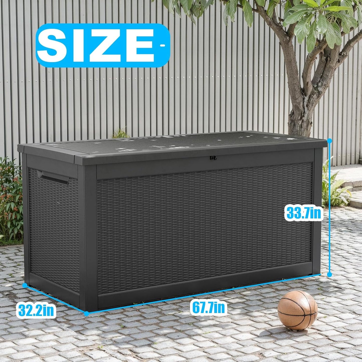 260 Gallon Large Resin Deck Box, Lockable Outdoor Storage Box for Patio Cushions Storage Furniture,Garden Tools, Pool Supplies, Weatherproof and UV Resistant-Black Rattan (260 Gallon)