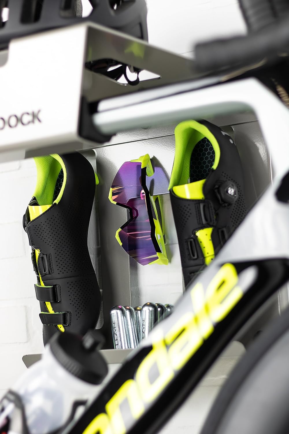 Wall Bike Rack | Bike Storage Wall Mount System | for Race Bicycles (Silver Metallic) and Mountain Bikes | Bike Shelf | Indoor Bike Wall Bracket | Stores Helmet and Shoes | Home and Garage