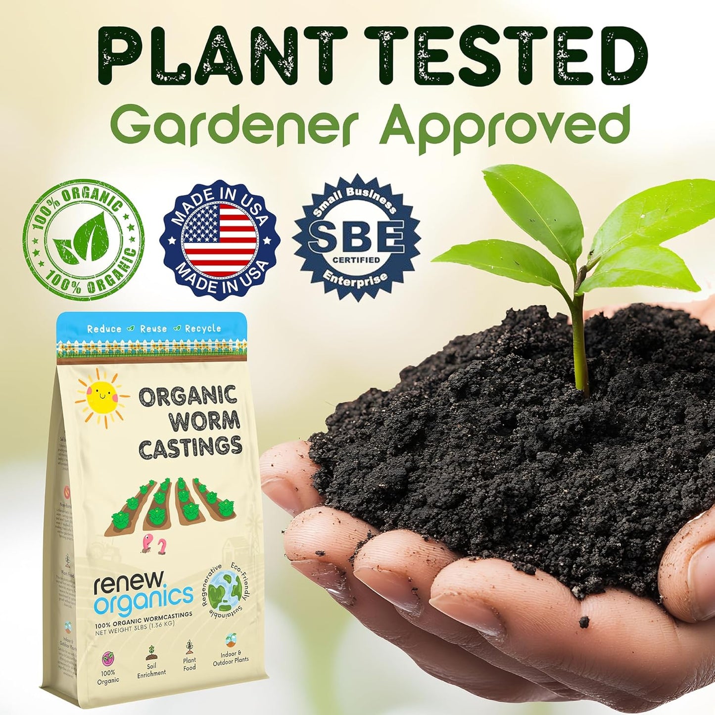 100% Organic Worm Castings (3lbs) - Earthworm Fertilizer & Soil Amendment for Indoor Outdoor Plants Gardens Vegetables - Odorless Non-Burning Pet Safe