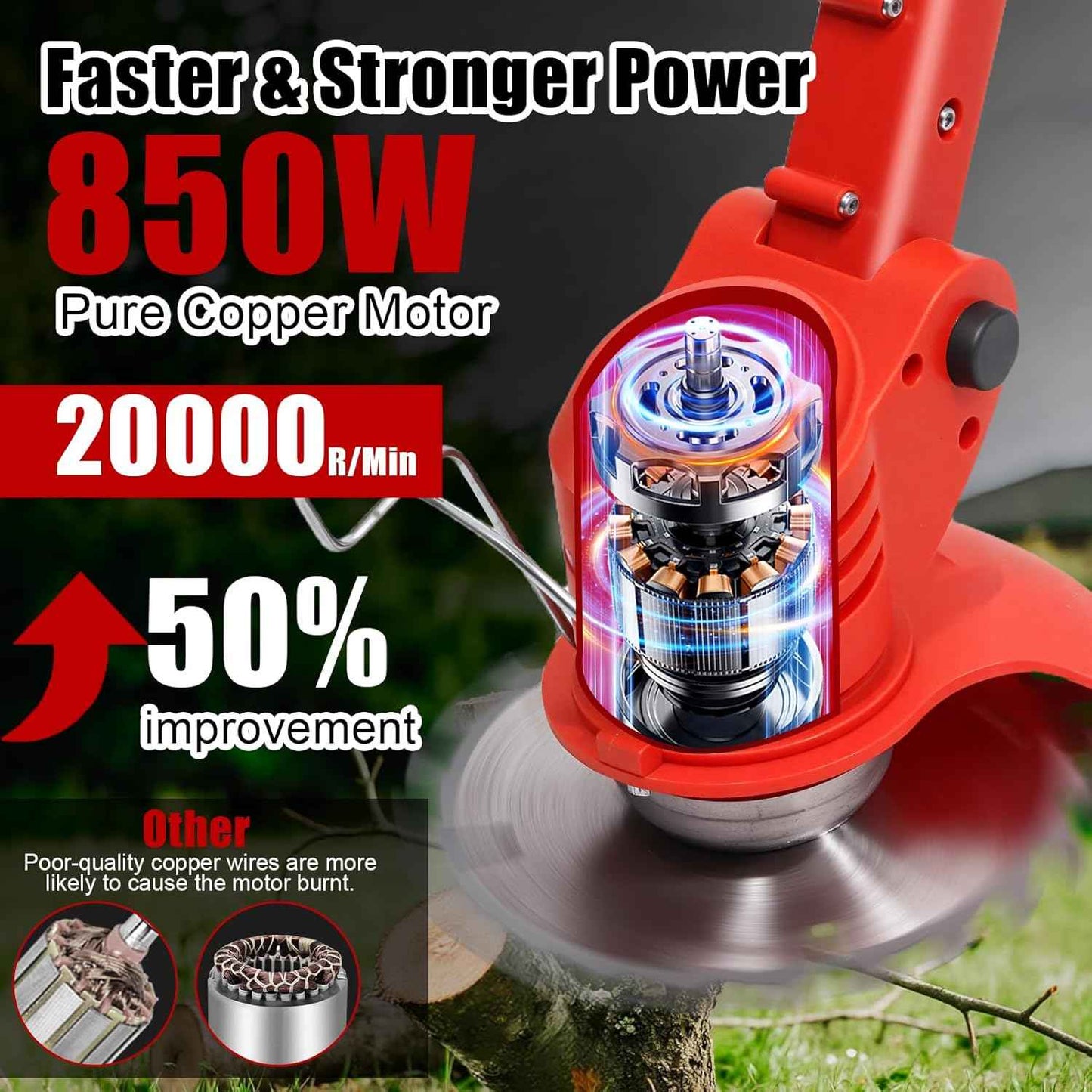 Cordless Weed Wacker, Electric Grass Trimmer 21V 2.0Ah Battery Powered Weed Trimmer, 3 in 1 Stringless Lightweight Brush Cutter/Edger/Mower with 4 Types Blade & Wheels for Garden and Yard Lawn