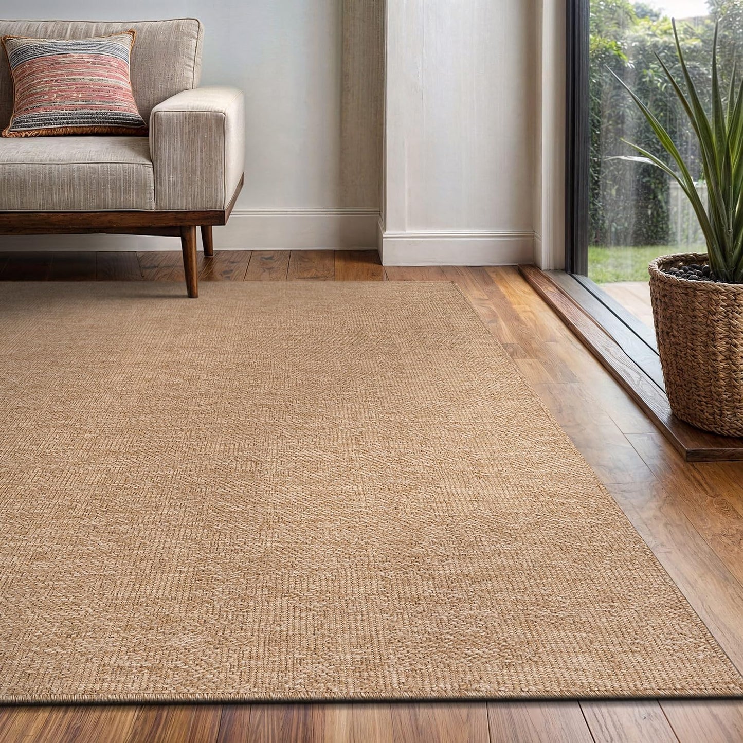 Washable Easy Jute Rug 5x7, Indoor Outdoor Rugs Natural Color Farmhouse Area Rugs for Living Room, Kitchen Rug High Traffic Area, Easy to Clean Solid Boho Woven Design Outside Carpet (5 X 7 Natural)