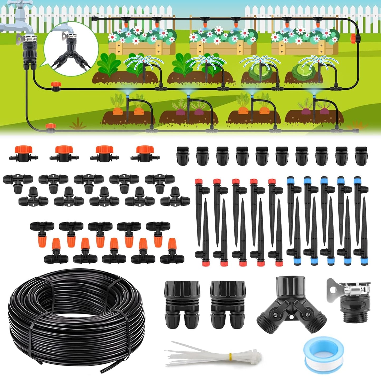 100FT Drip Irrigation System Kit, Automatic Watering System with 30 Adjustable Nozzles & 30M 1/4" Tubing – DIY Solution for Gardens, Greenhouses, Patios & Lawn – Effortless Plant Care + Water-Saving
