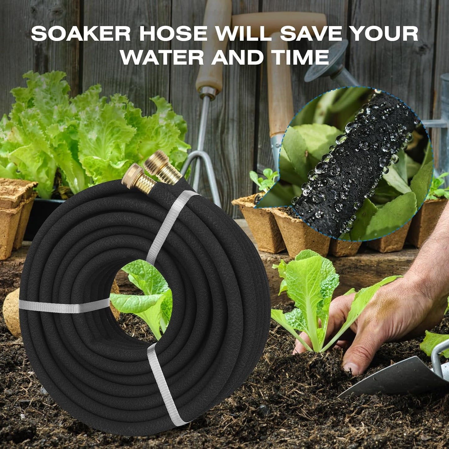 Soaker Hose 100FT Heavy Duty Rubber Saves 75% Water End Cap Included for Additional Hose Connect Great for Gardens/Flower Beds