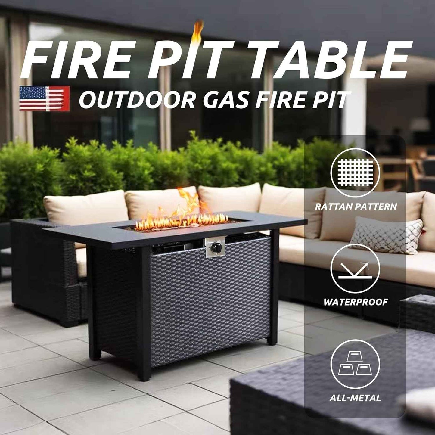 Propane Fire Pit Table – Rectangle 43 Inch Outdoor Firepit for Patio, Balcony, and Garden – Versatile Gas Fire Pit with Lava Rock & Table Lid