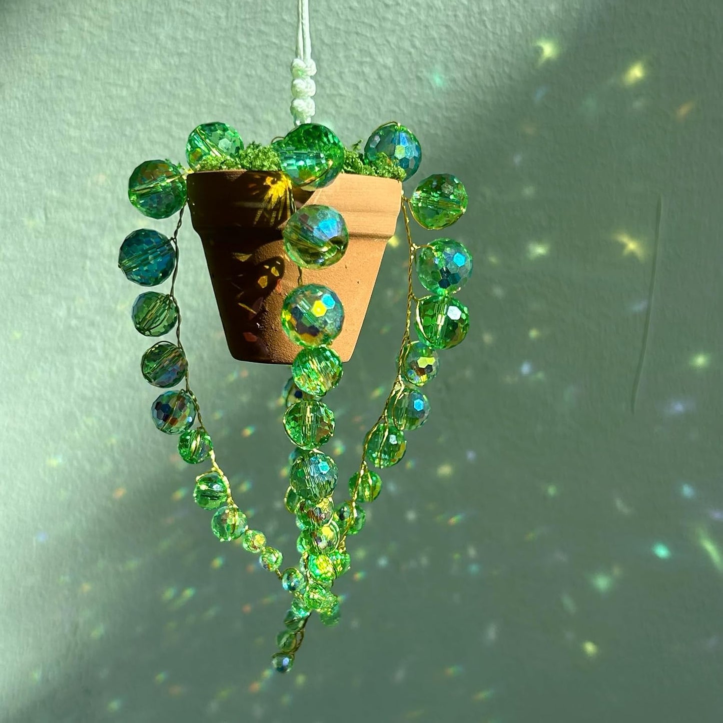 Bling Suncatcher String of Beads Plant Hanging, Handcrafted Crystal Succulent Sun Catchers for Window Hanging, Gardenn Crystal Sun Catcher Plant Lover Gift Mom Gifts (Green)