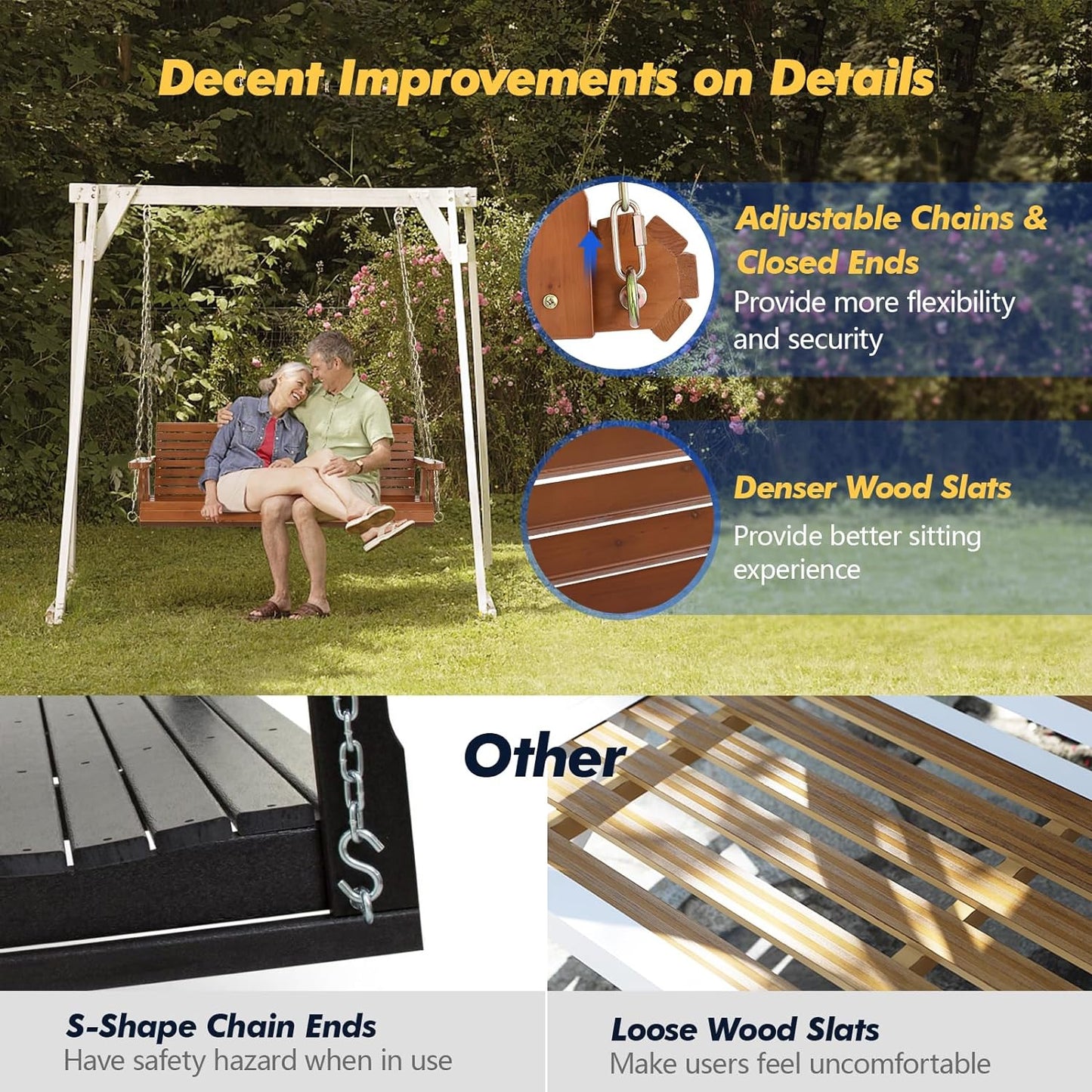 VINGLI Upgraded Patio Wooden Porch Swing for Courtyard & Garden, Heavy Duty 880 LBS Swing Chair Bench with Hanging Chains for Outdoors (Brown, 4 FT)