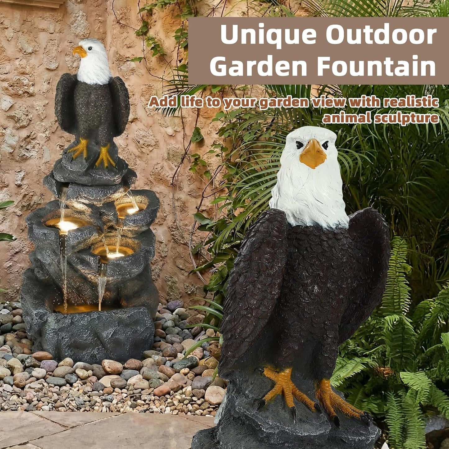 5 Tier Garden Fountain with Bald Eagle Statue, Outdoor Resin Water Feature with 4 LED Lights & Pump, Rock Cascading Waterfall Fountain for Patio Yard Porch Balcony and Home Art Decor