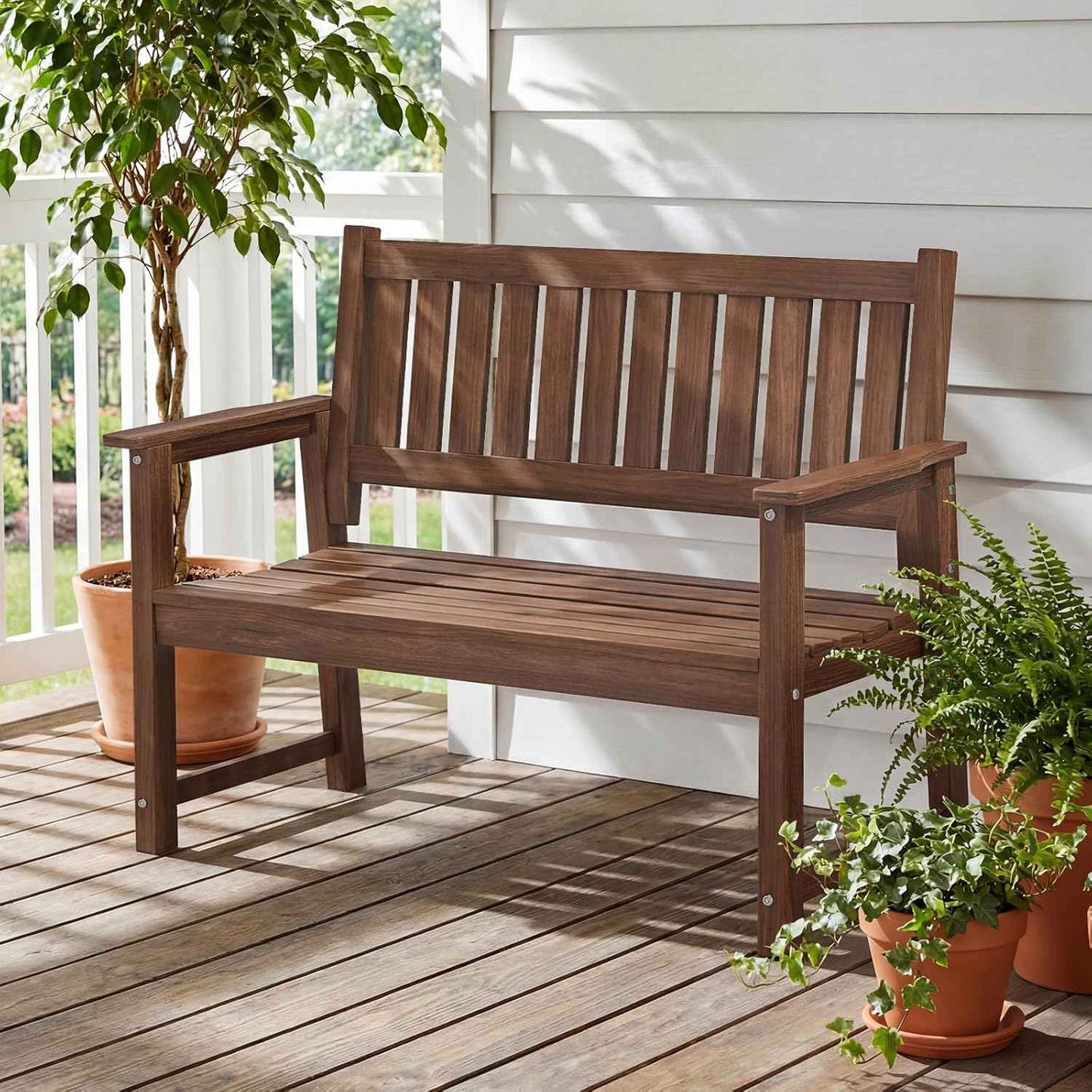 Outdoor Bench, 2-Person Garden Bench, Poly Lumber Patio Bench for Outdoors, Porch, and Park (Brown)