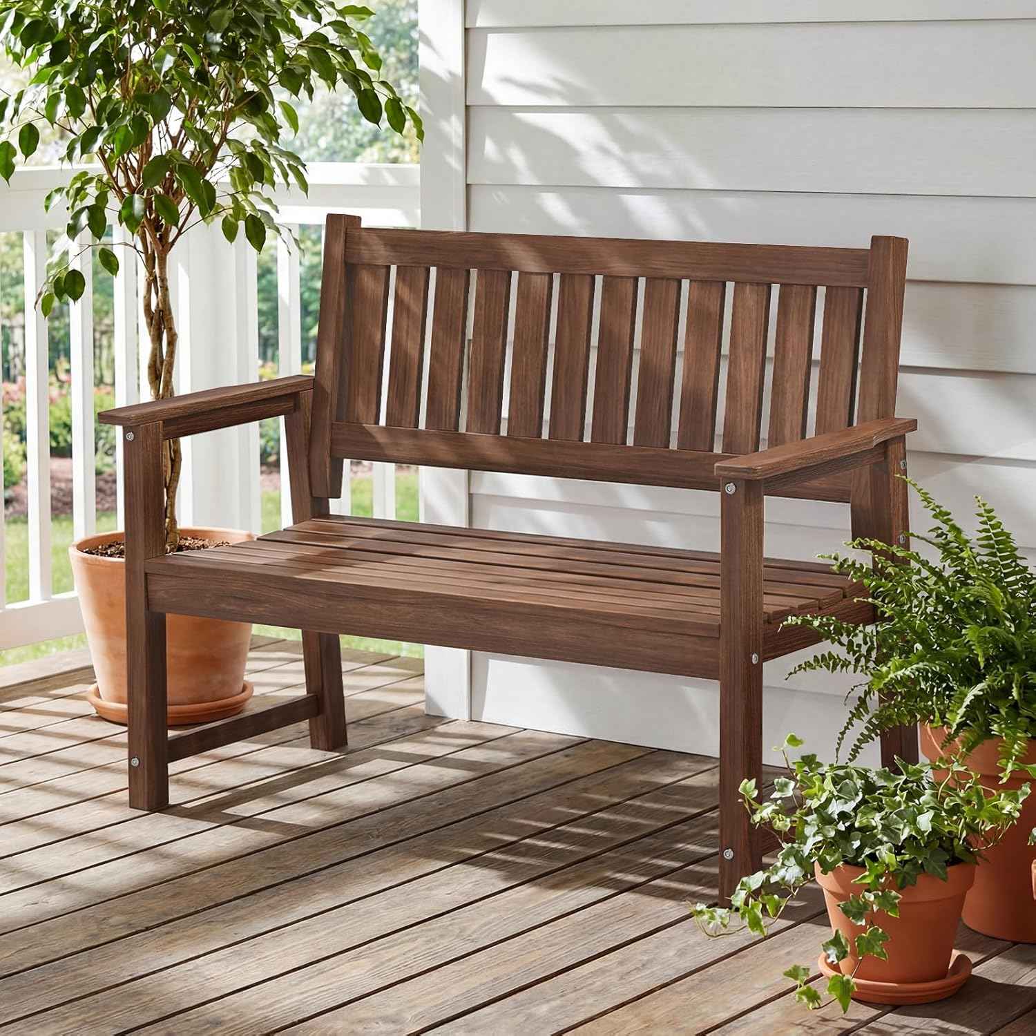 Outdoor Bench, 2-Person Garden Bench, Poly Lumber Patio Bench for Outdoors, Porch, and Park (Brown)