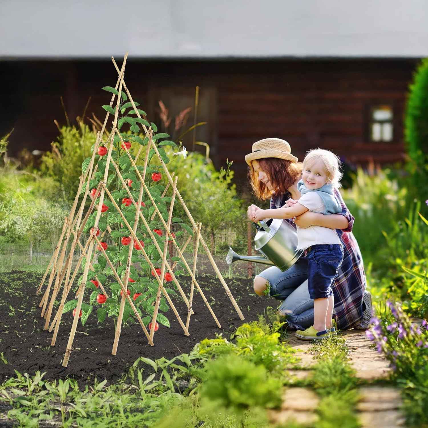 Garden Bamboo Obelisk Plant Support for Climbing Plants Outdoor, Adjustable Height 35 to 45 inches Tall Cucumber Trellis