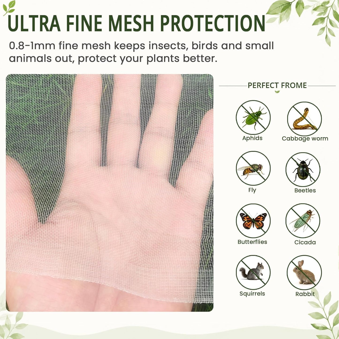 8x12Ft Garden Netting, Fine Mesh Insect Netting for Plant Protection, Mosquito Bug Bird Barrier Mesh Cover for Vegetables Fruits Flowers Raised Beds