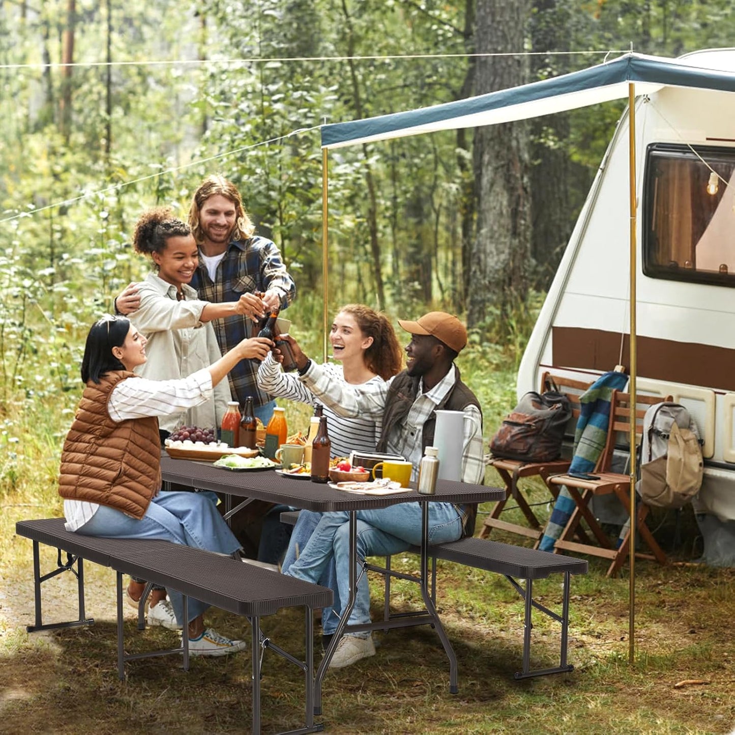 VINGLI 6 Foot Plastic Folding Table Portable Long Table for Indoor Outdoor Use Rectangular with Carrying Handle,Rattan Patterned HDPE Tabletop, Brown