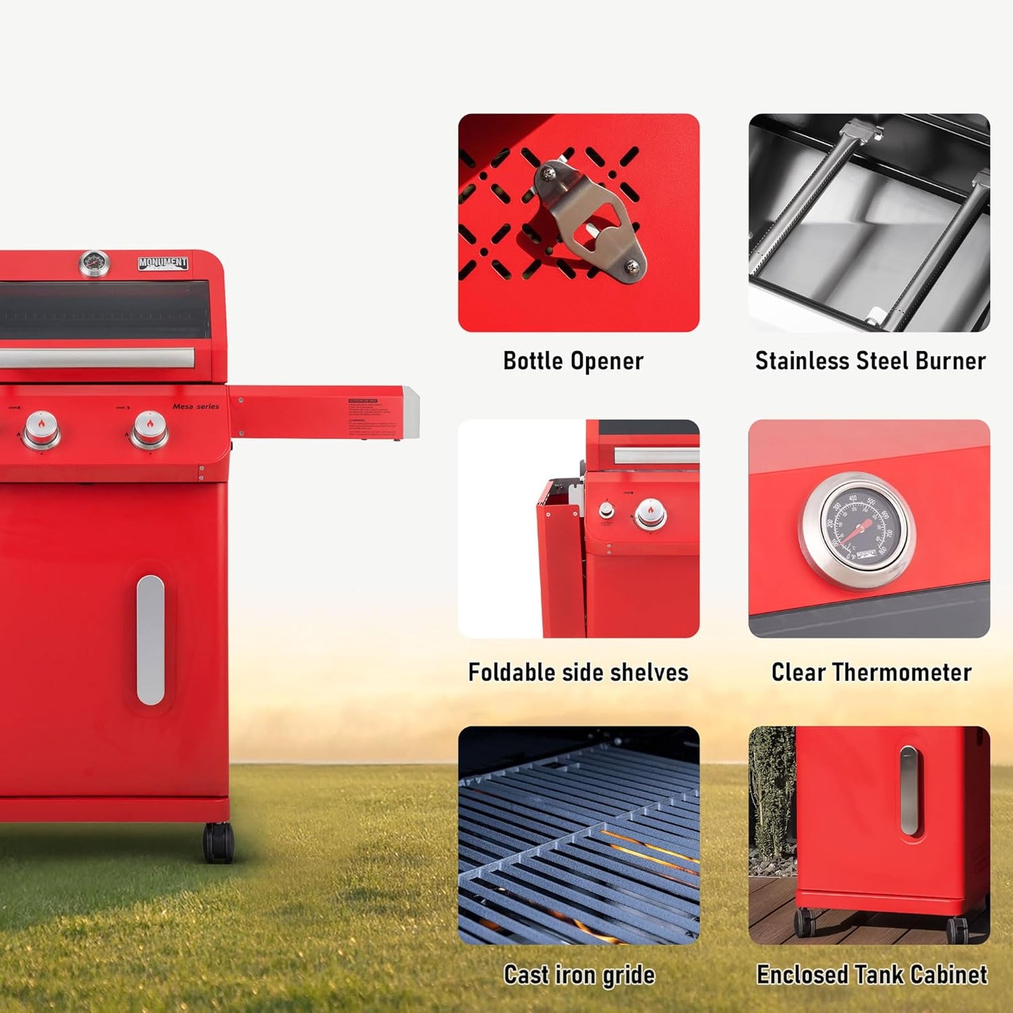 Monument Grills 2-Burner Stainless Steel Liquid Propane Gas Patio Garden Barbecue Grill with Clearview® Lid, Knob Control and Two Foldable Shelves Mesa200R with BBQ Cover, Red