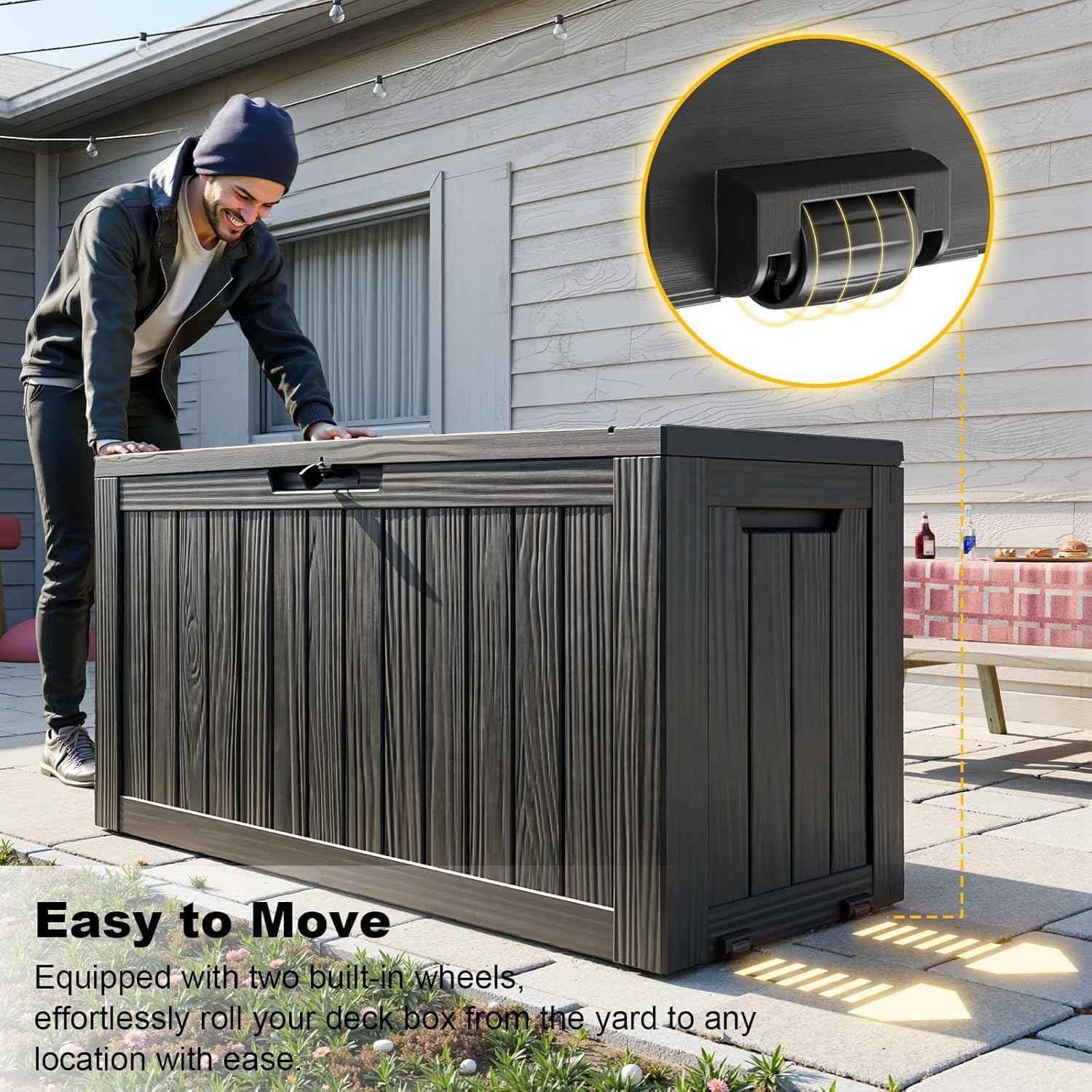 85 Gallon Outdoor Waterproof Resin Storage Deck Box Lockable Outside Bench UV Resistant Bin Patio Porch Furniture Pool Float Garden Tool Cushion Black