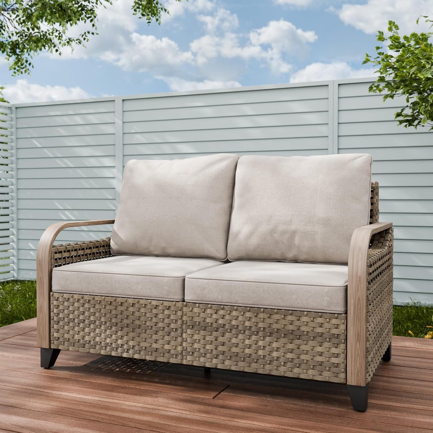 Modern Wicker Patio Sofa, Rattan Outdoor Loveseat for Small Balcony, 2 Seat Loveseat Furniture Set for Garden Deck Backyard, Brown/Gray
