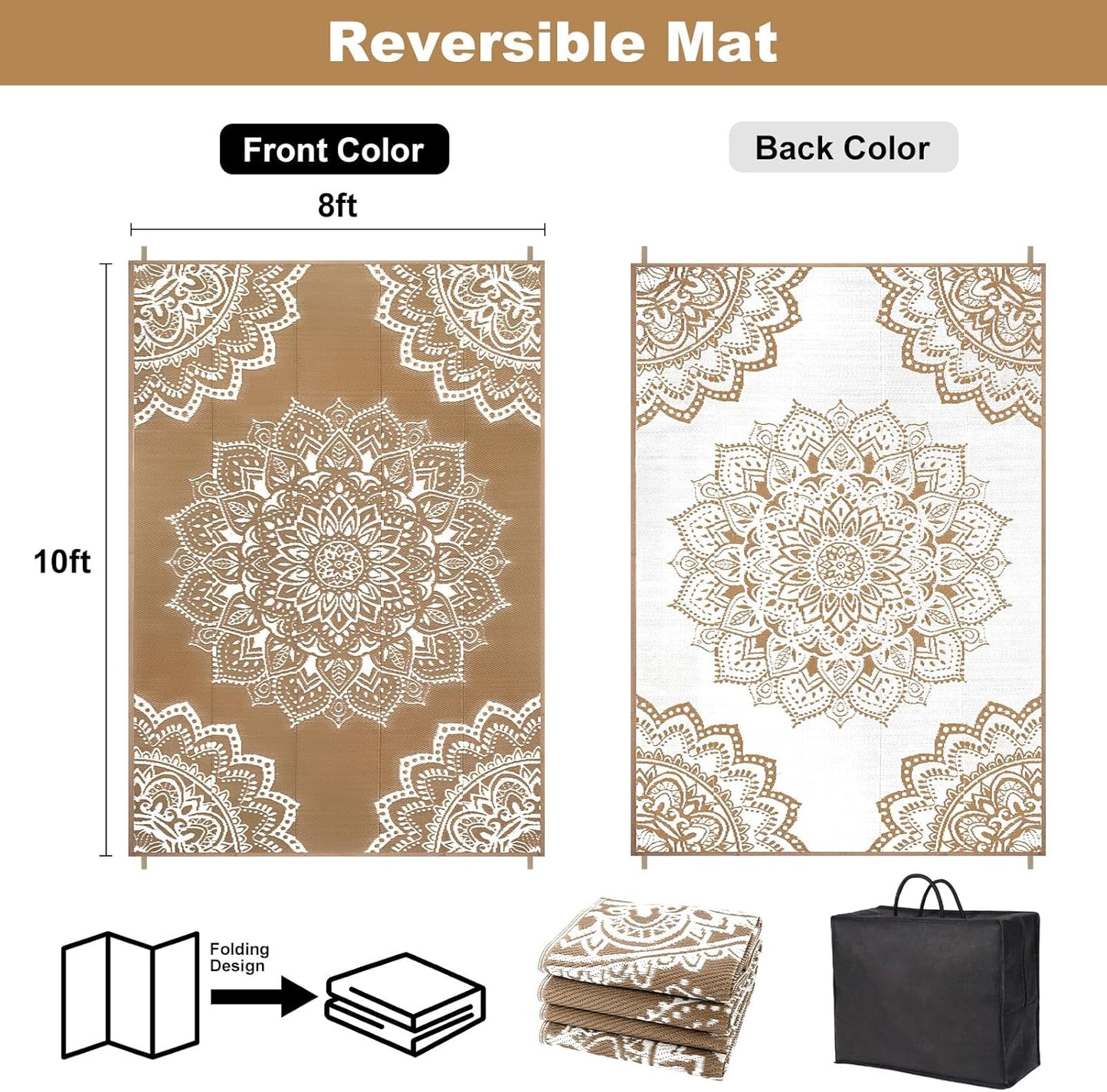 Yamaziot Waterproof Outdoor Rug 8x10 ft, Reversible Plastic Straw Rug for Patio Clearance, Camping, RV Mat, Large Outside Rug Carpet for Porch, Deck, Backyard, Balcony, Picnic (Brown)