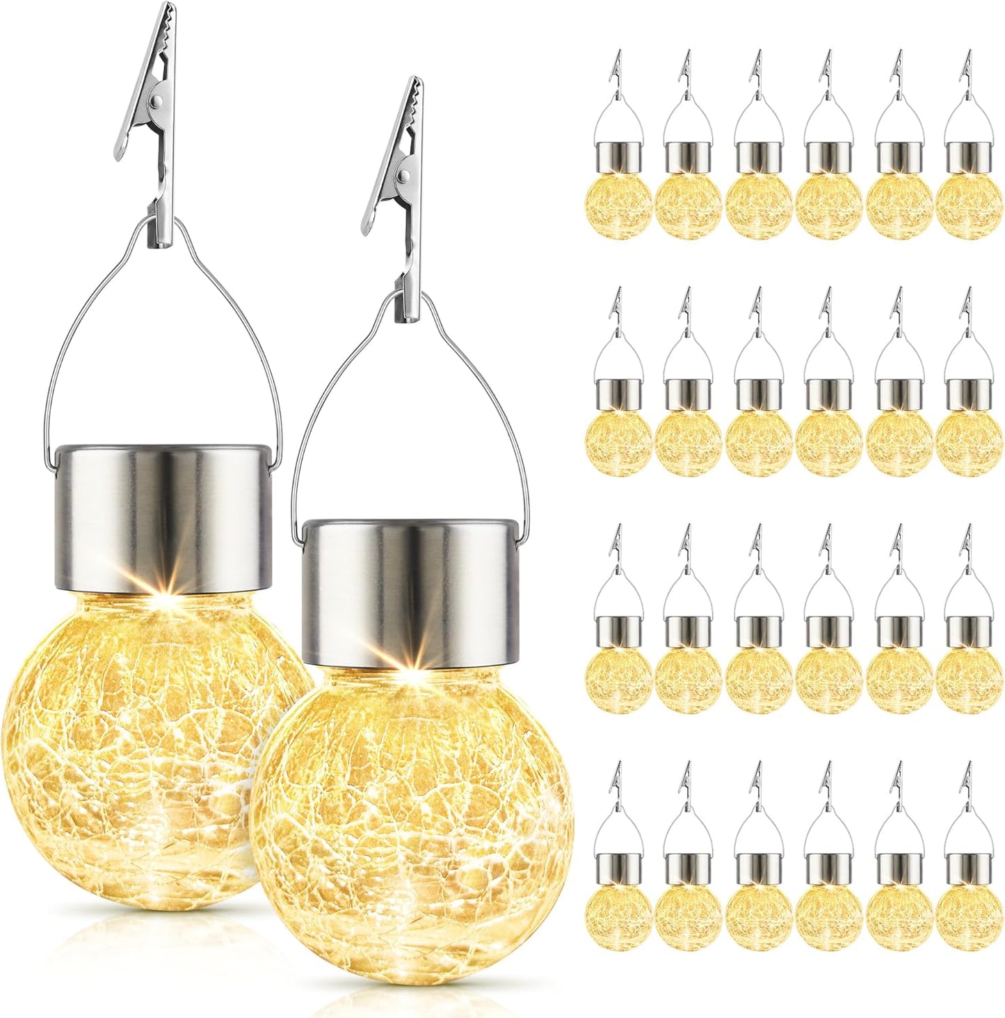 Solar Lights Outdoor Hanging Decorative Globe 24 Pack, Waterproof Solar Lantern with Handle and Clip, Solar Powered Glass Ball Lights for Garden Yard Fence Tree Umbrella Holiday Décor, Warm White