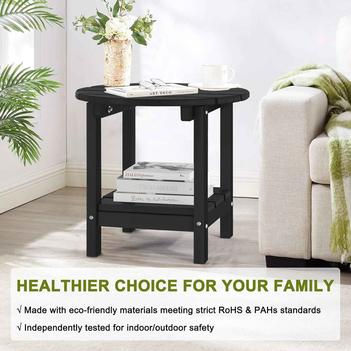Adirondack Outdoor Side Tables, 2-Tier Round Outdoor Table, Weather Resistant HDPE Patio End Table for Garden, Lawn, Pool, Beach, Porch, Deck, Backyard - Black