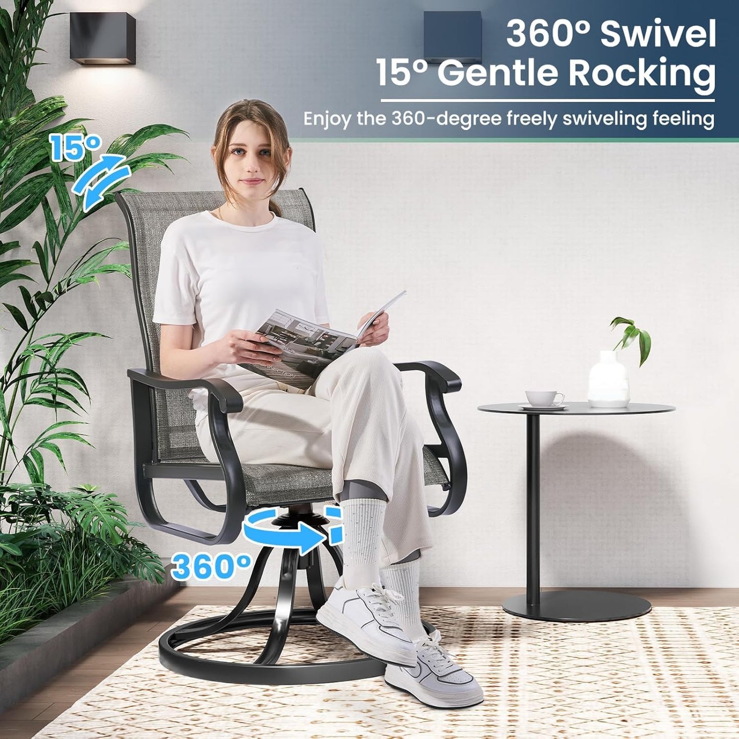 Amopatio Patio Swivel Chairs Set of 6, Outdoor Swivel Rocker Dining Chairs with All Weather Textilene High Back & Metal Frame, for Backyard Deck Lawn Garden (Light Gray)