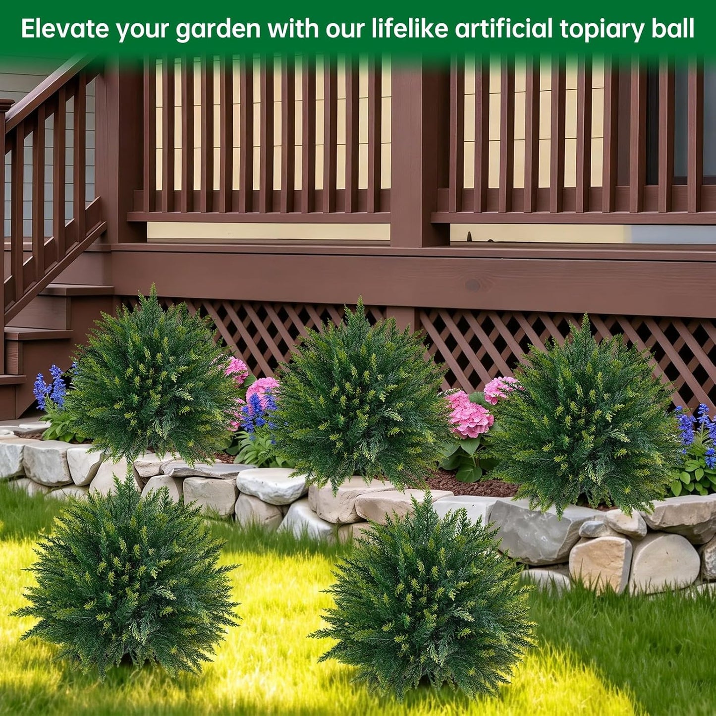Artificial Cedar Topiary Trees with Ground Spike, 4 Pieces Fake Pine Shrubs Bushes, UV Resistant Faux Evergreen Cypress Tree Plants for Indoor Outdoor Planters Front Porch