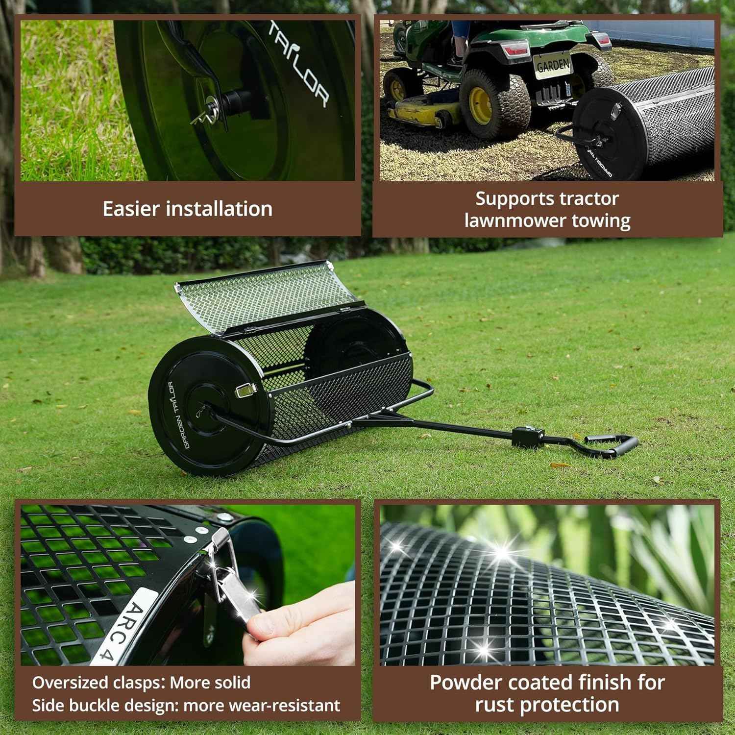 Compost Spreader 36 Inch Towable Peat Moss Spreader with Installation Support Accessories, Black Metal Mesh Roller Lawn Spreader for Top Soil, Manure, Mulch, Top Dressing - Garden spreaders for lawns