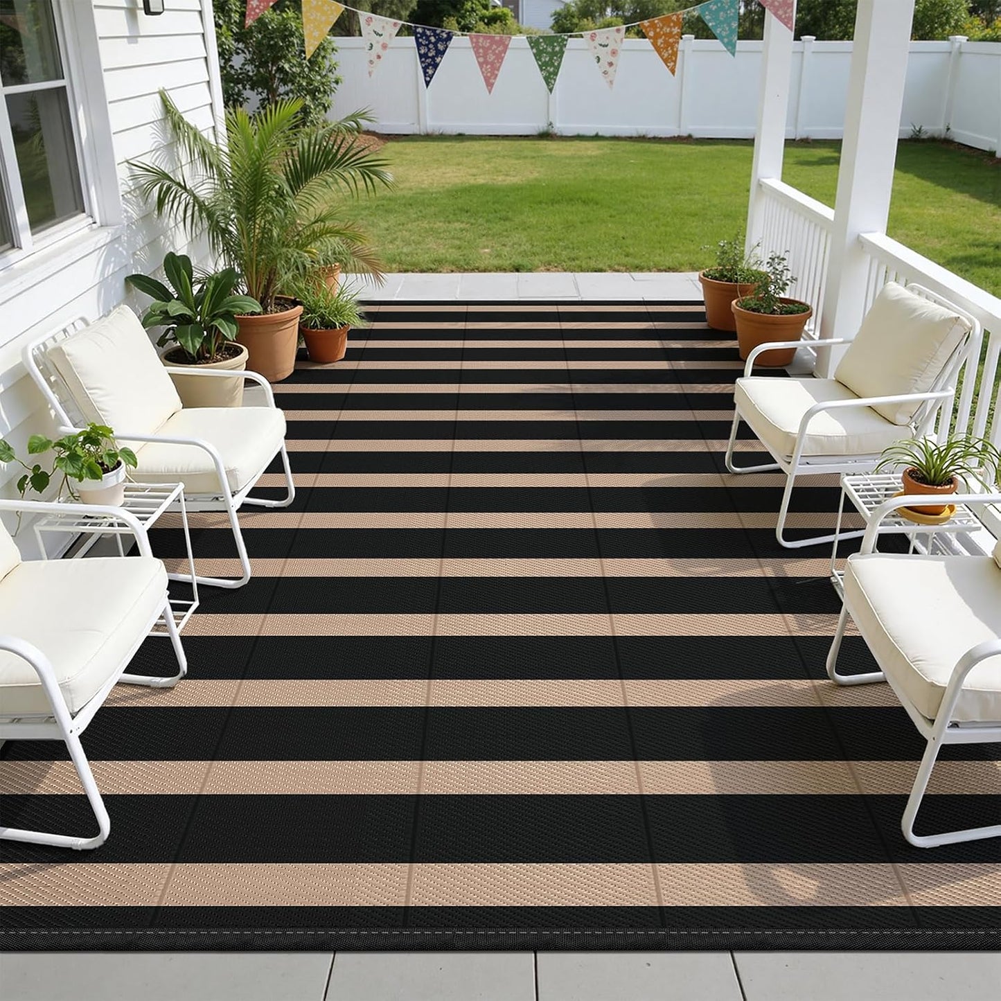 Vaukki Waterproof Outdoor Rug 8x10, Reversible Striped Patio Rug, Lightweight Plastic Straw Camping Mat, Indoor Outdoor RV Carpet for Outsides, Patio, Camping, Balcony, RV and Deck, Black and Beige