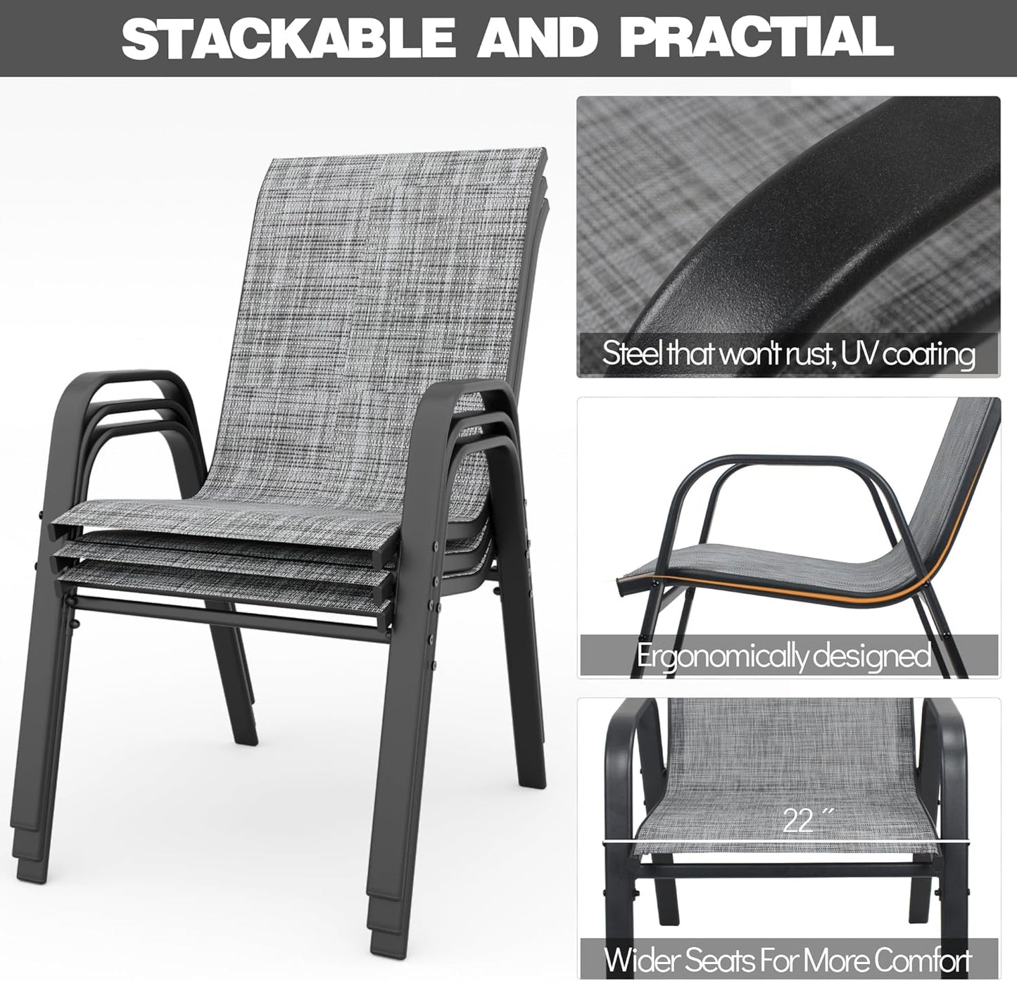 Patio Chairs Set of 6, Stackable Outdoor Dining Chairs for All Weather Textilene Fabric & Metal Frame, Outdoor Chairs Set for Backyard Deck Garden