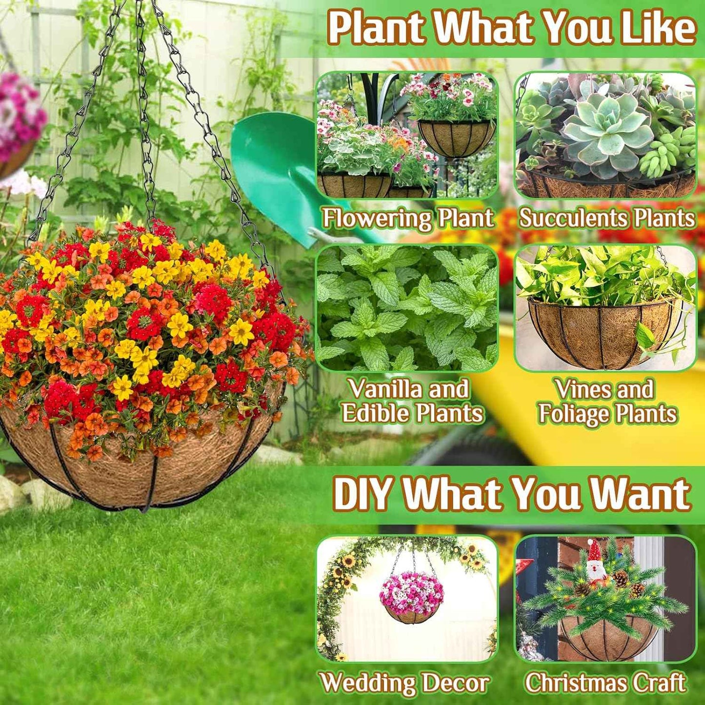 ZeeDix 3 Pack 14 Inch Hanging Baskets for Plants Outdoor Indoor, Metal Hanging Planters Flower Pots with Coco Liners Replacement, Decor Garden Flowers Vegetables Plants