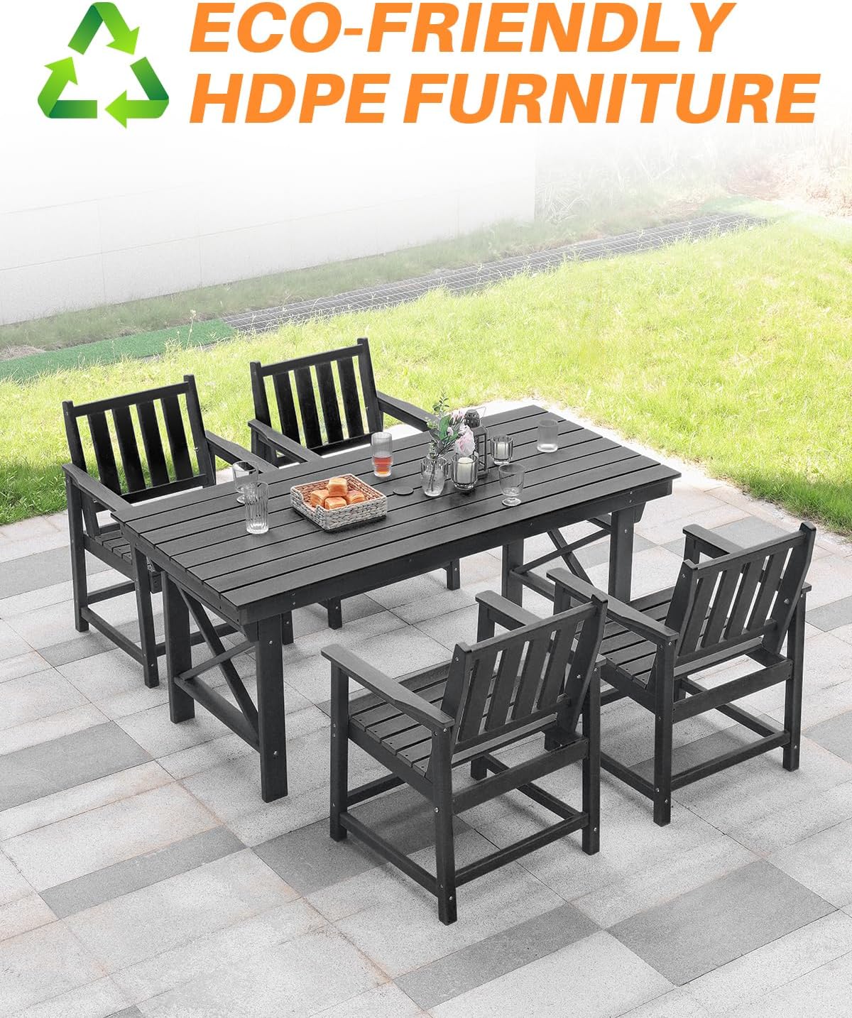 HDPE Dining Chair Set of 4, Outdoor Dining Chair with Deep Seating, All Weather HDPE Patio Dining Chairs, Ergonomic Outdoor Chairs Furniture for Backyard, Poolside, Garden, Deck, Obsidian