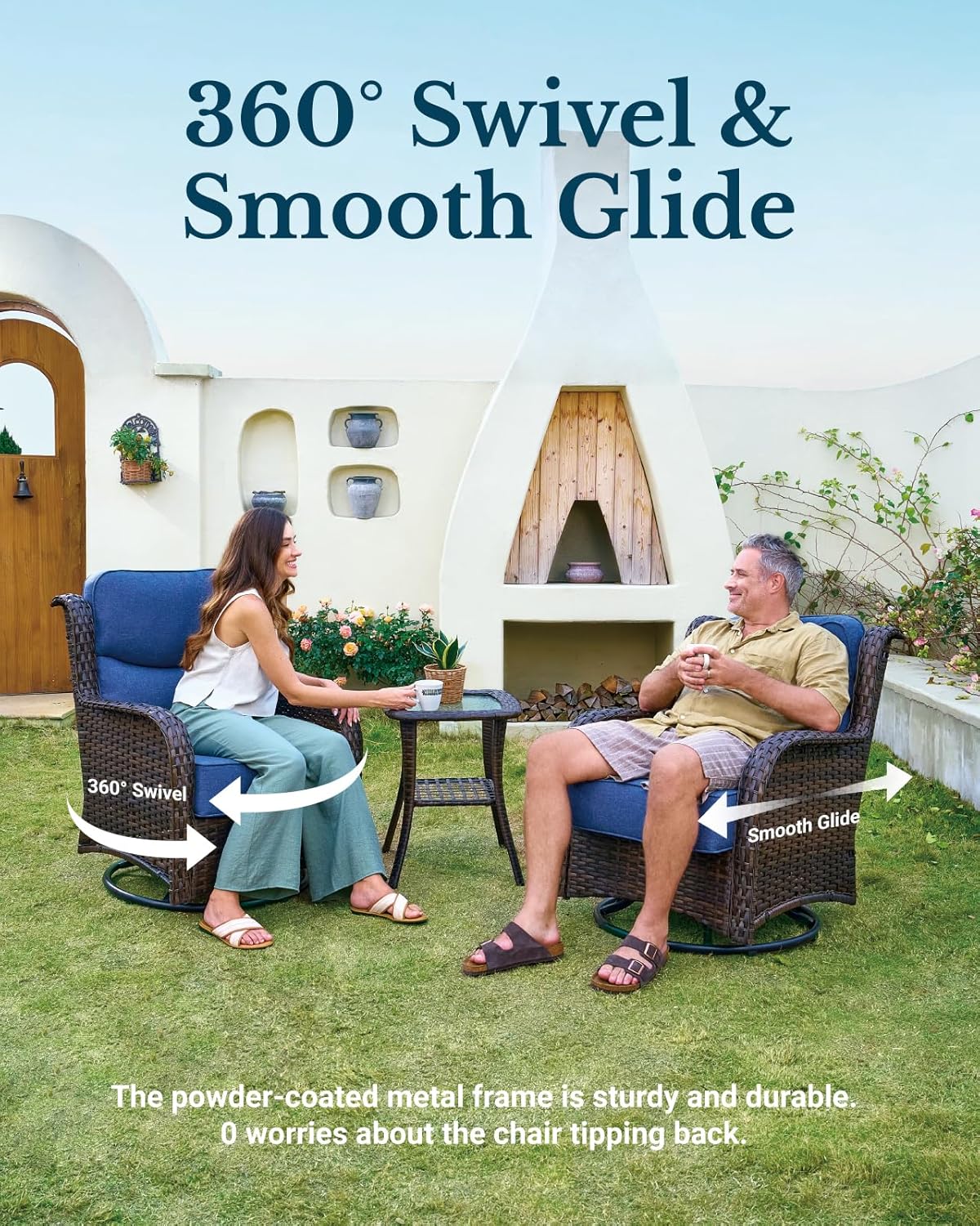 HILLGA Luxury Patio Furniture Set with 6-inch Thick Cushion, Outdoor High Back Swivel Rocker Patio Chairs, 3PCS Wicker Conversation Set for Deck Yard and Poolside, Blue (V2)