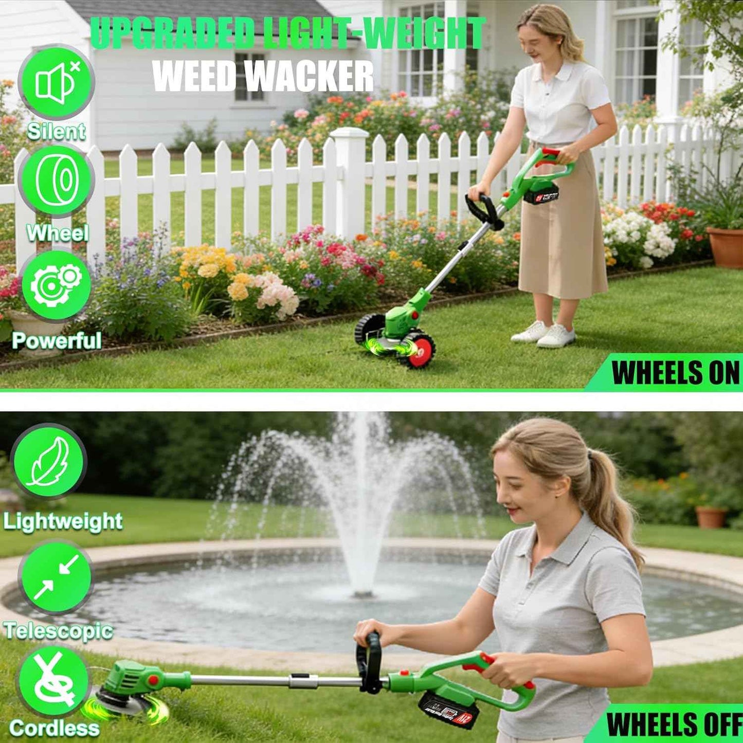 Cordless Weed Wacker Eater Electric Battery Powered, 21V Lightweight Weed Trimmer Edger Lawn Tool with 2Pcs 2000mAh Battery, 3 in 1 Stringless Grass Trimmer/Edger/Brush Cutter for Garden Yard Lawn