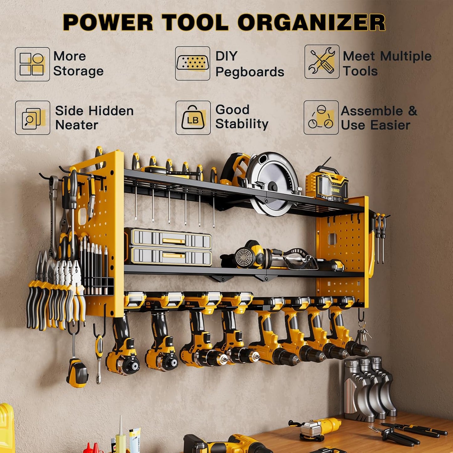 Power Tool Organizer Wall Mount,Cordless Drill Hanger Storage Rack 8 Drill Holder,3 Layers Heavy Duty Power Tool Storage Rack(Yellow)