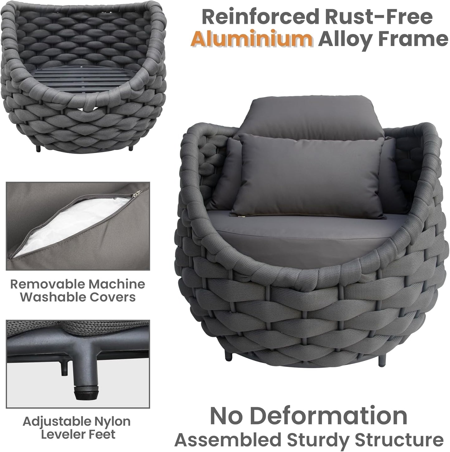 Lanai Outdoor Furniture Set: 6-Piece Aluminum Woven Rope Patio Conversation Set - Modern Cushions Sofa Set Assembled - Porch Seating Couch Set for Deck Yard Garden Pool Hotel Resort, Dark Grey