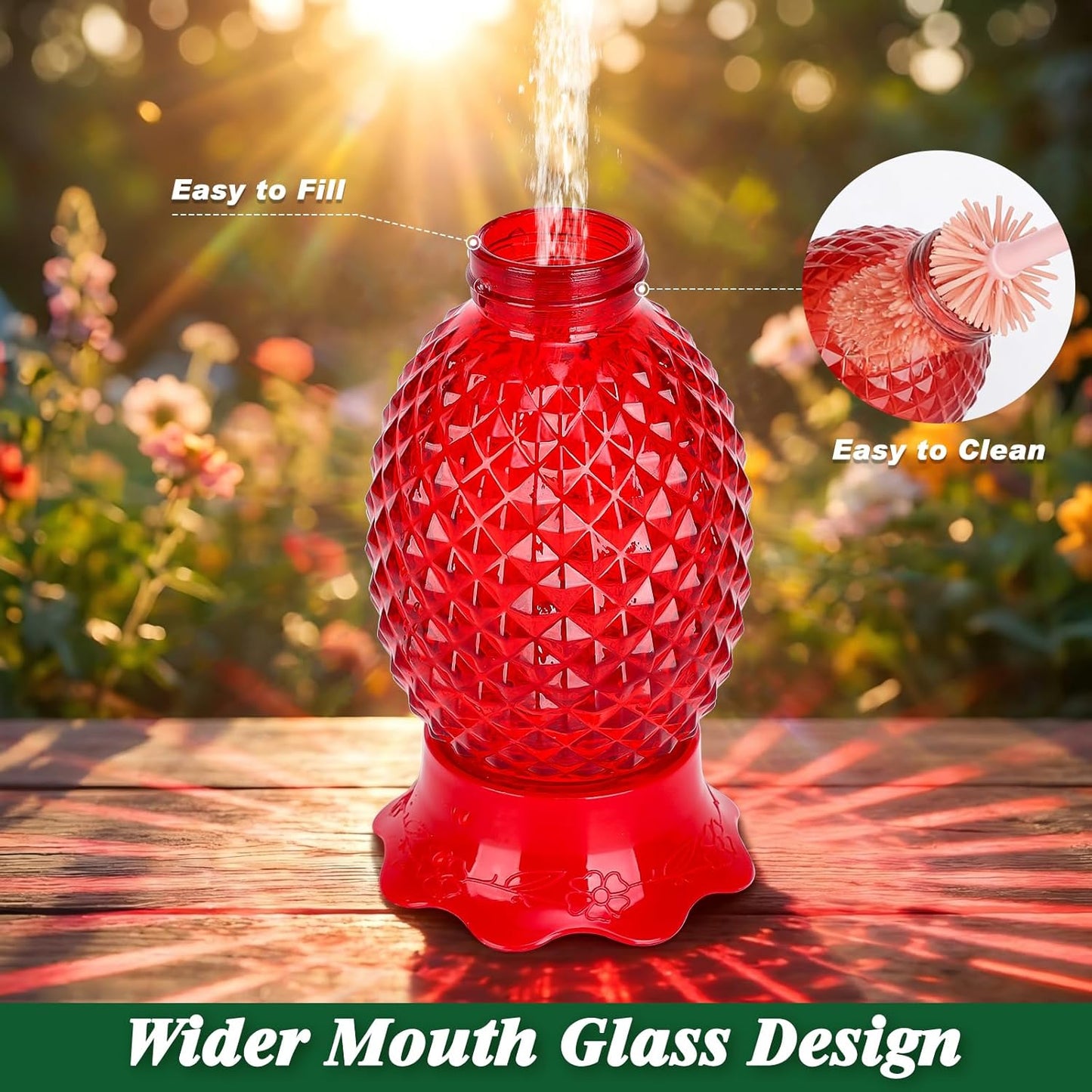 Fchstaer Glass Hummingbird Feeders for Outdoors Hanging 16oz 2 Pack Red Pineapple Bee & Ant Proof 360°Perch Leakproof Easy Clean with 6 Feeding Ports Gifts for Mom