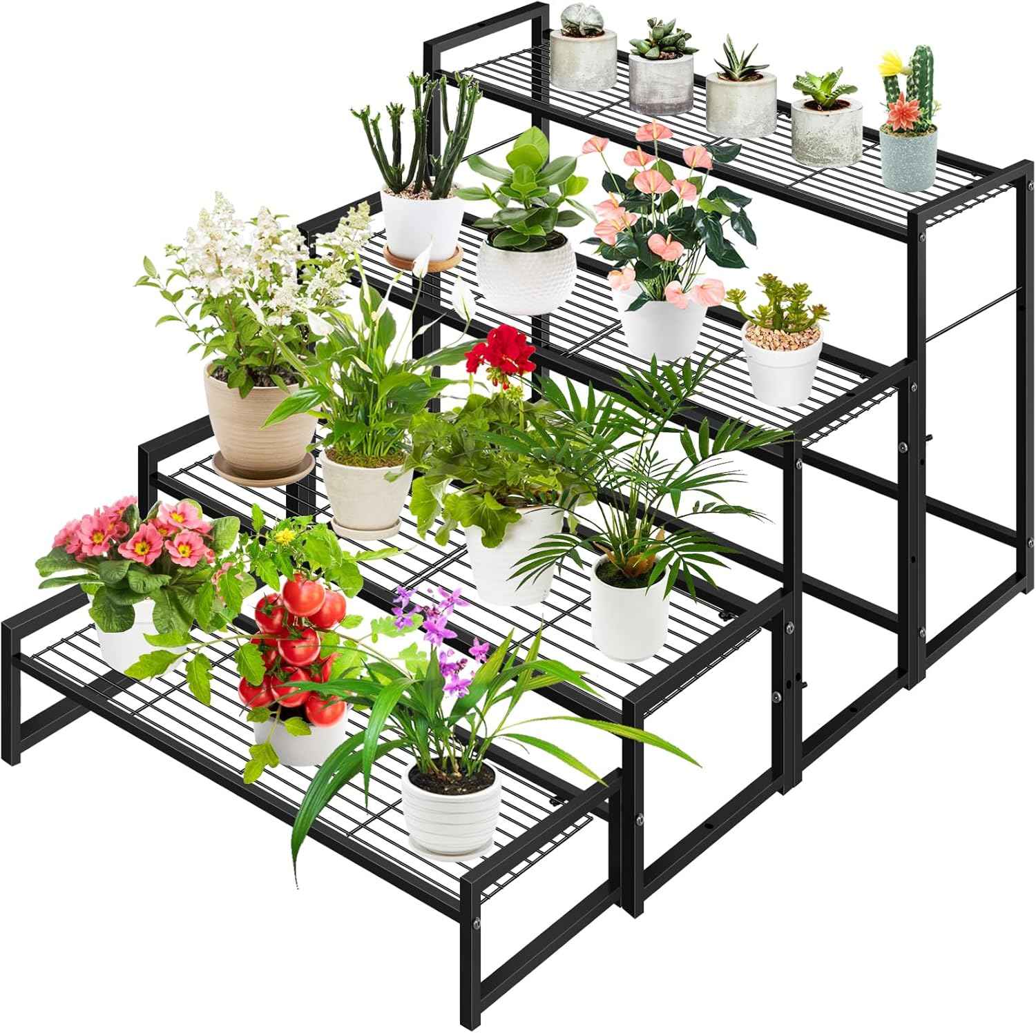 4 Tier Metal Plant Stand Indoor Outdoor, Ladder Flower Pot Holder Plant Stands, Stackable Heavy Duty Tall Plant Shelf Flower Pot Holder for Garden, Display Rack
