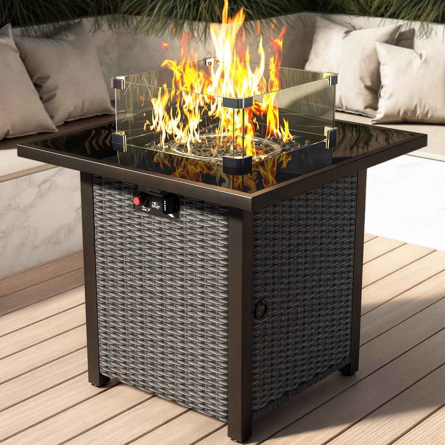 Propane Outdoor Fire Pit Table, 28" Rattan Square Fire Pit Table, Outdoor Gas FirePit W/Glass Wind Guard, Tempered Glass Tabletop, Lid, CSA Listed, 50,000 BTU, Outside Patio Deck & Garden, Black