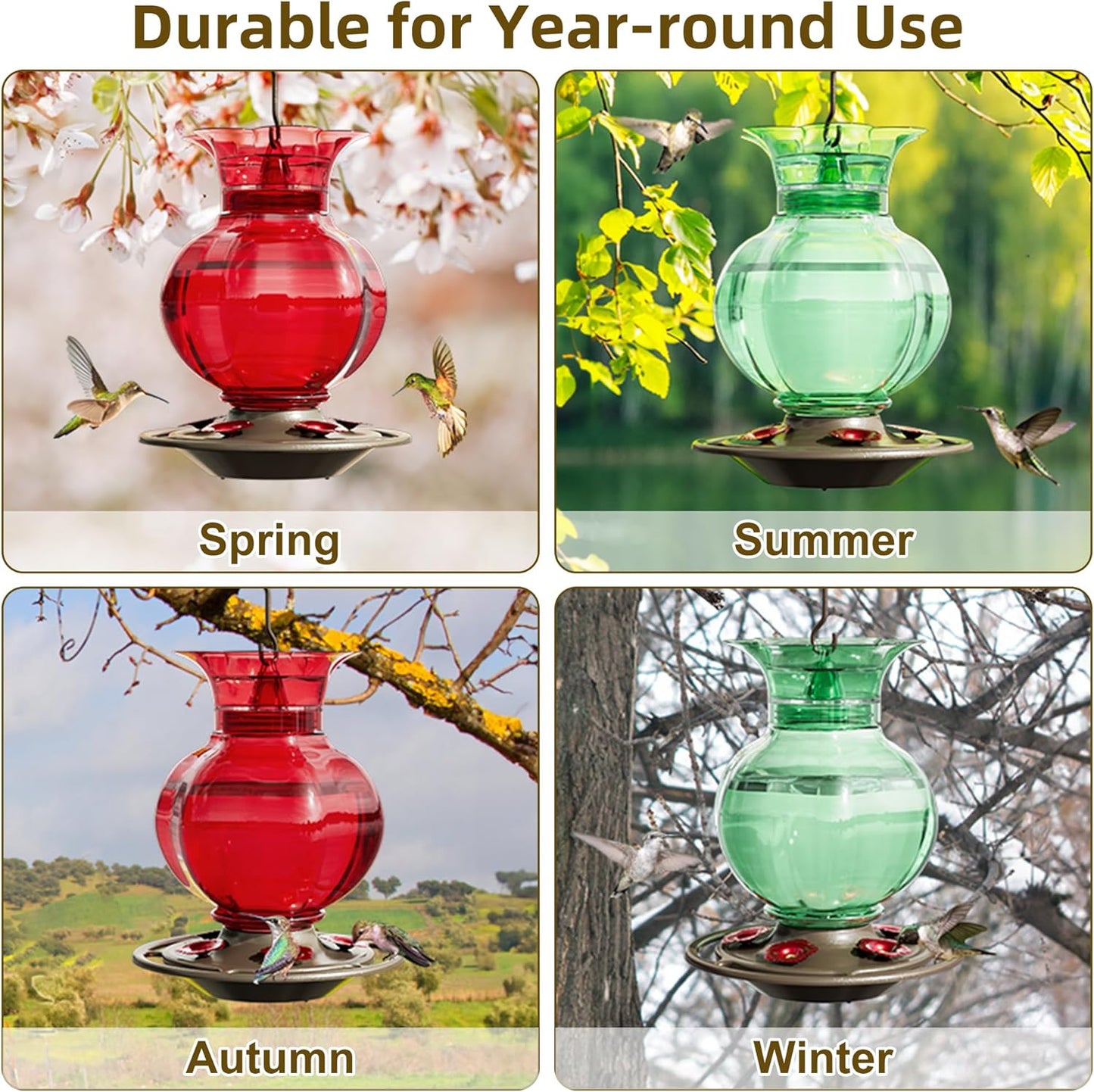 Auslar Hummingbird Feeder, Red Glass Hummingbird Feeders for Outdoors Hanging with Ant Moat, 5 Simulation Flowers Feeding Ports, 23 Ounces, Rustproof, Fade Proof, Pomegranate Shape