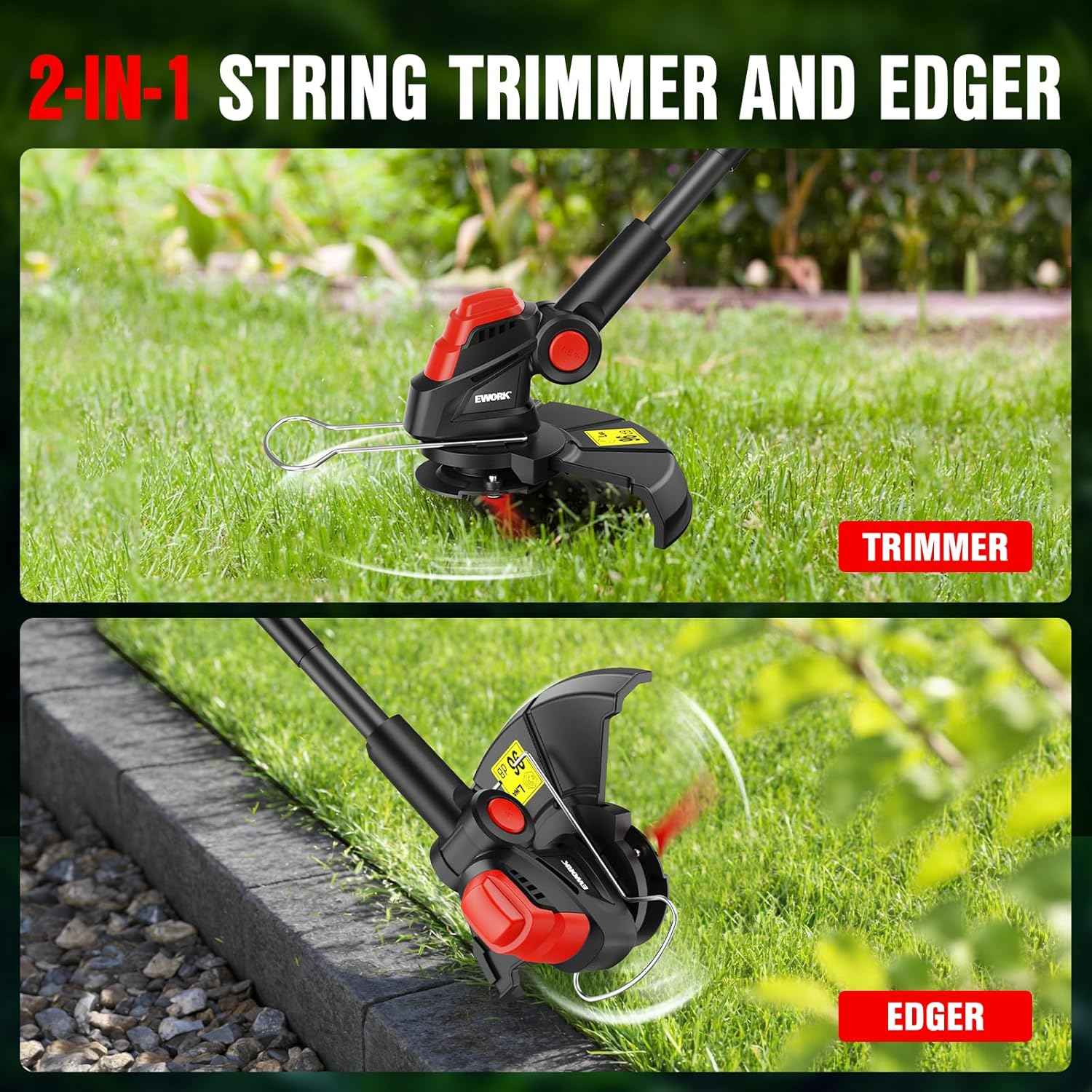 EWORK Weed Wacker Cordless 20V 10-Inch, Upgraded Cutter Blade, Weed Eater Battery Powered with 2×2.0Ah Batteries & Fast Charger, 2-in-1 Electric Grass Trimmer for Edger, Lawn, Garden