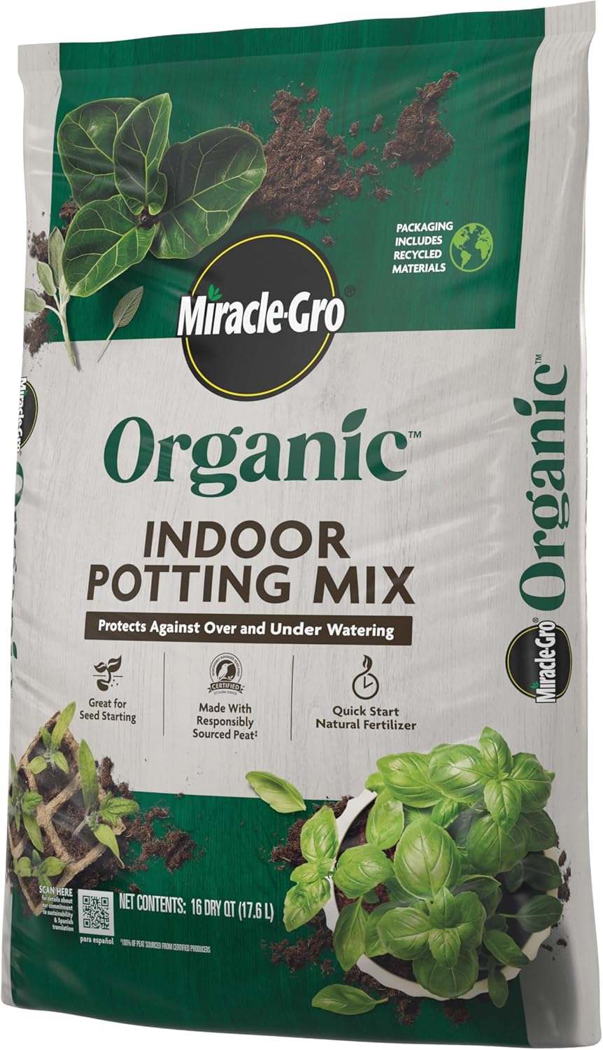 Miracle-Gro Organic Indoor Potting Mix - Protects Against Over and Under Watering, Planting Soil for Indoor Container Plants, Houseplants and Starter Plants, OMRI Listed, 16 qt. (2-Pack)