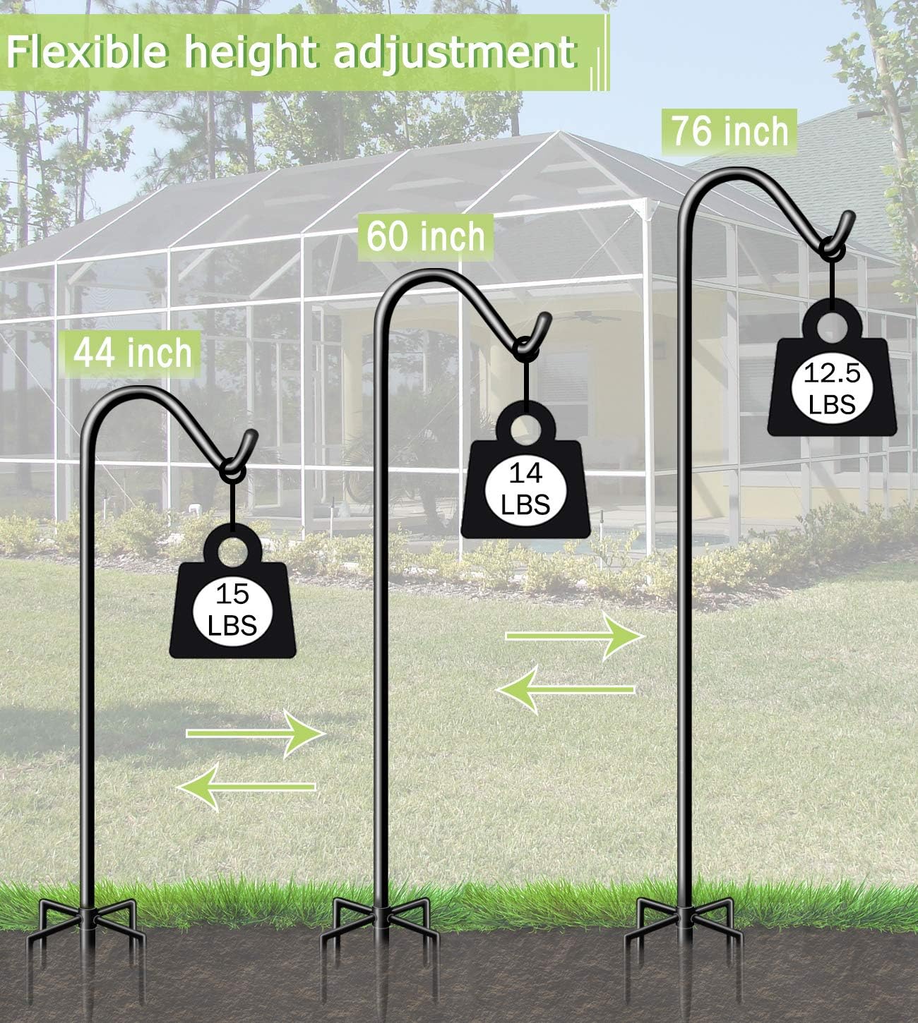 Garbuildman 76 Inch Tall Shepherd Hooks with 5-Forked Base, Adjustable Heavy Duty Bird Feeder Pole Stand Hanger for Outdoor, Shiny Black, 2 Pack