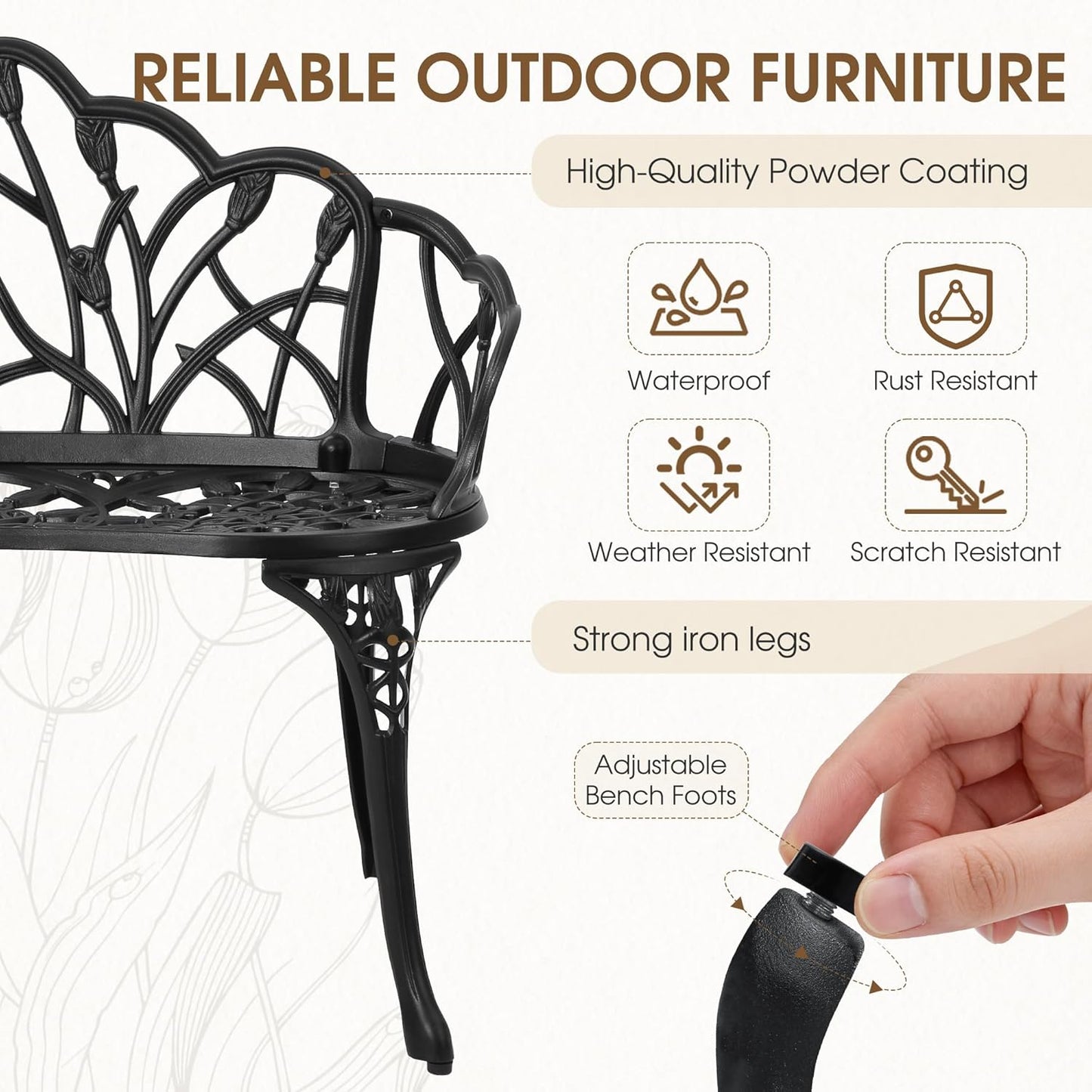 Outdoor Bench with Cushion, Cast Aluminum Double Seating with Backrest and Armrests, Mental Outdoor Furniture for Patio, Porch, Garden, Park, Black Tulip