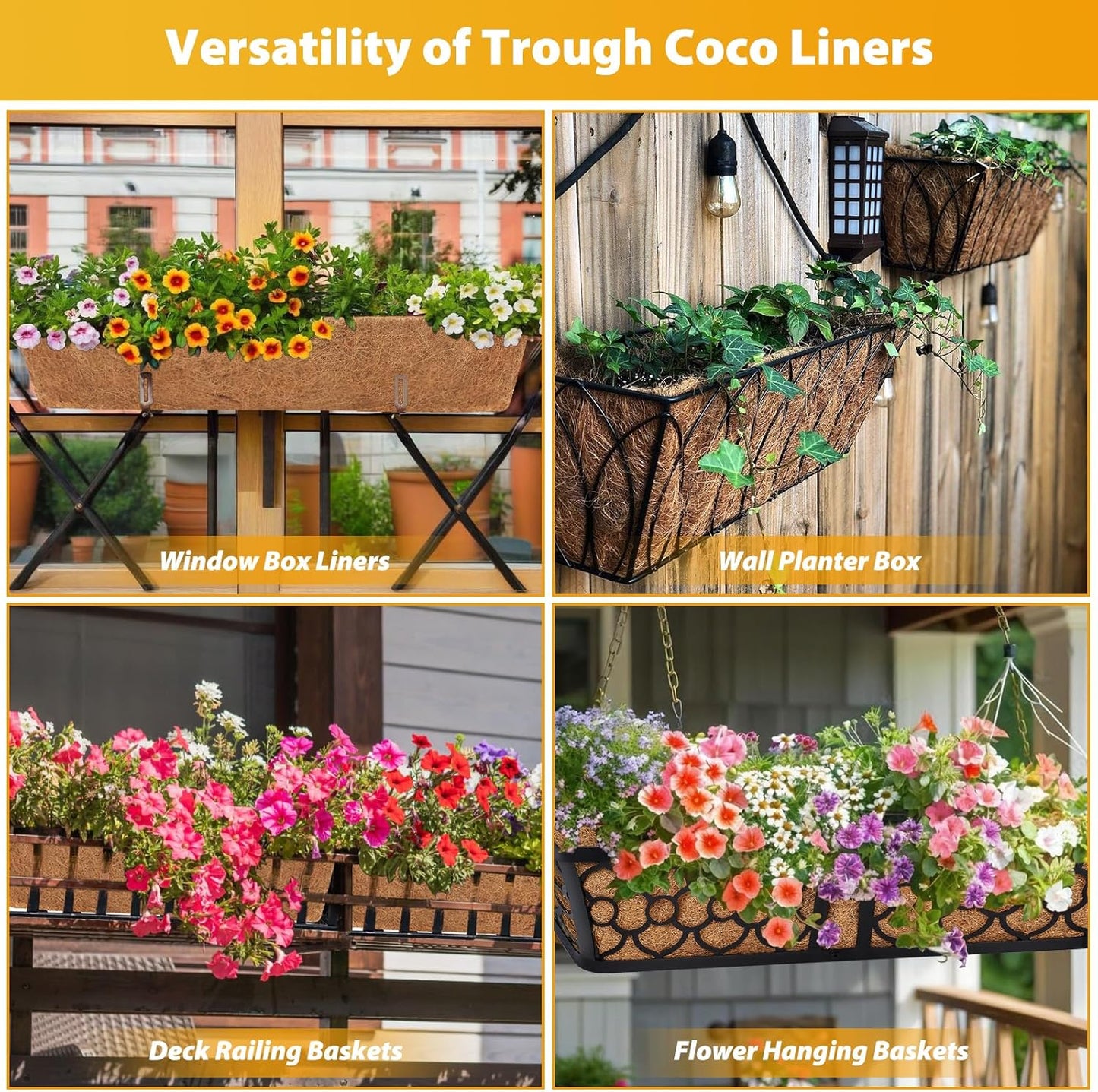 Legigo 2 Pack 24 Inch Square Coco Liners Planter Baskets Liner- Natural Coconut Coir Fiber Liner Replacement, Window Box Liners Trough Coconut Liners for Wall Planter Garden Deck Fence Flower Baskets