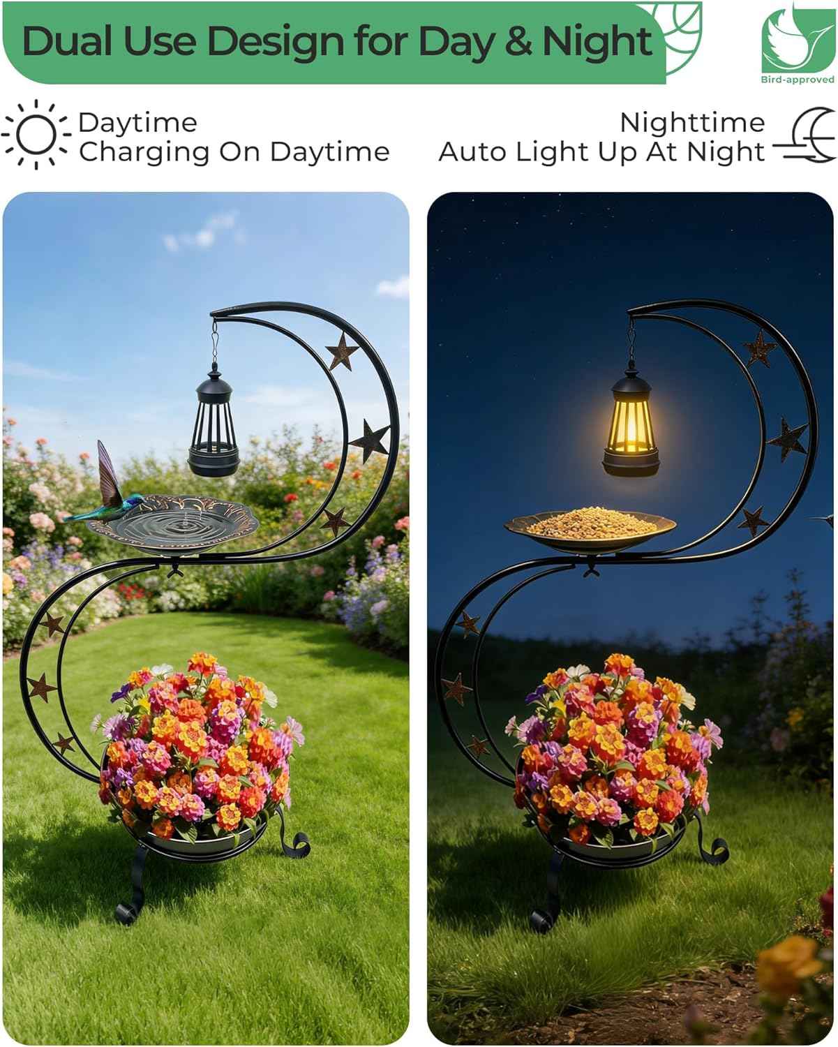 Solar Bird Bath for Outside, Vintage Metal Bath Bowl Standing Birdbaths with Flower Planter for Garden Yard Lawn Decor