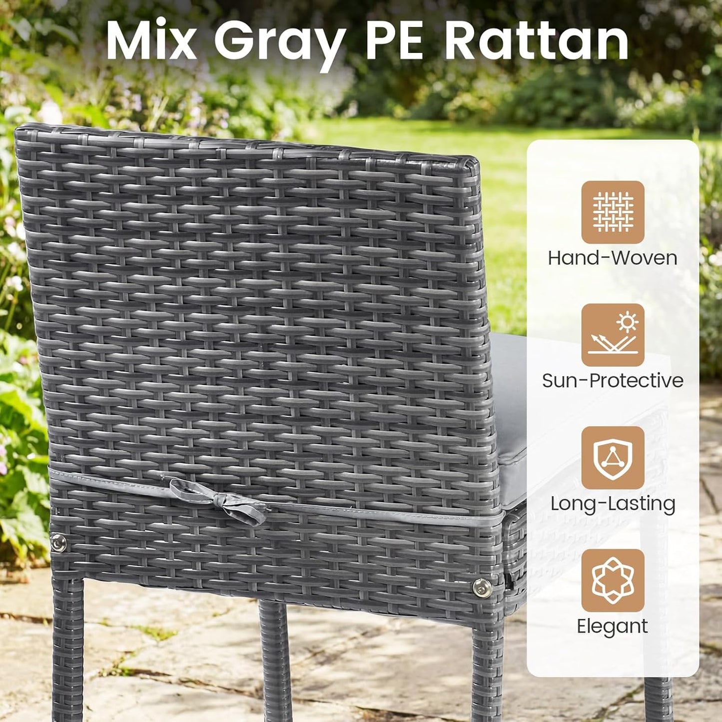 Tangkula 5 Piece Wicker Outdoor Bar Set, Patiojoy Acacia Wood Patio Table and Chairs Set with Bar Height Table & 4 Rattan Bar Stool, Backrest and Footrest for Pool Backyard Deck