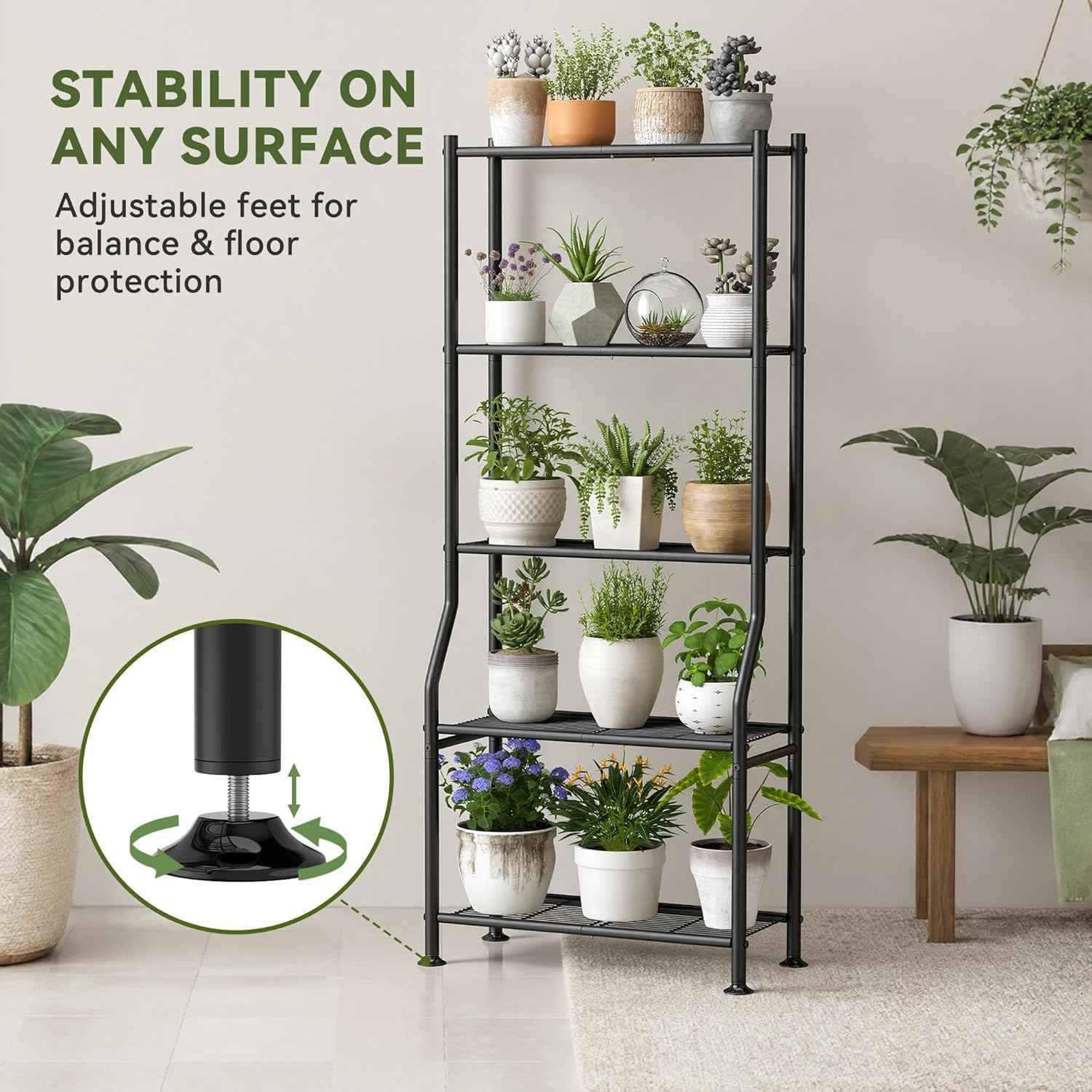 Livilord 5-Tier Plant Stand Indoor Outdoor, 64" Tall Metal Ladder Shelf for Multiple Flower Pot Holder, Waterproof Corner Garden Rack for Balcony Living Room, Black